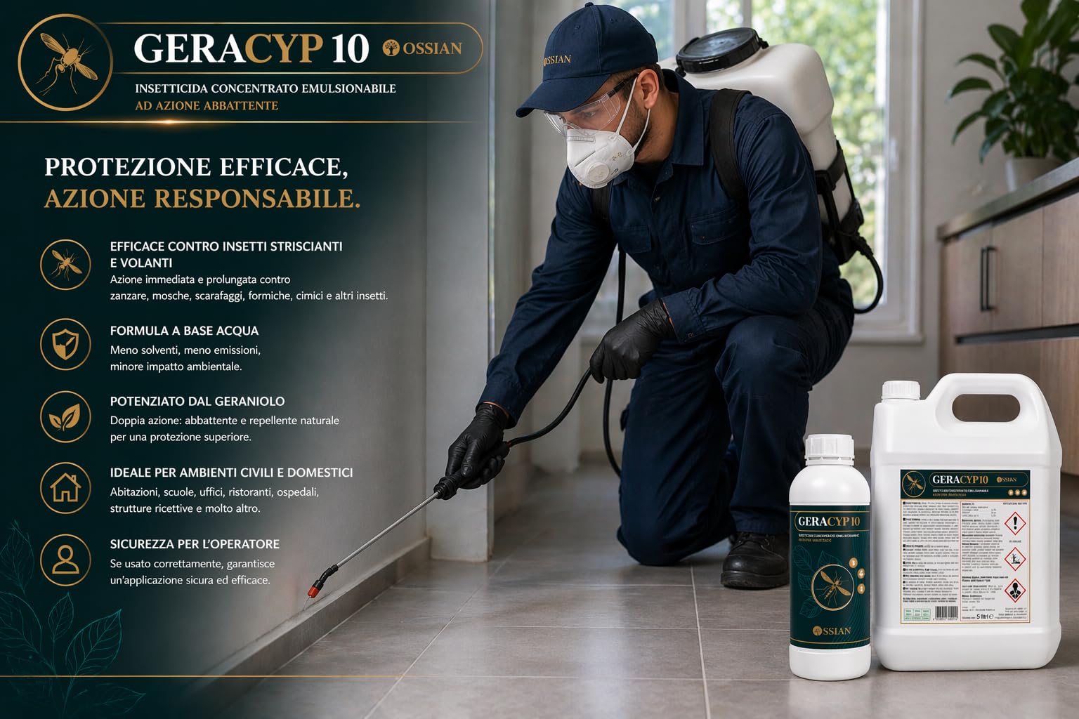 Ossian Geracyp 10 - Insetticida Antizanzare, Formiche, Scarafaggi, Insetti Striscianti e Volanti, Concentrato con Cipermetrina e Geraniolo, Effetto Residuale, Gradevole Profumazione (1 PZ, 1 LT)