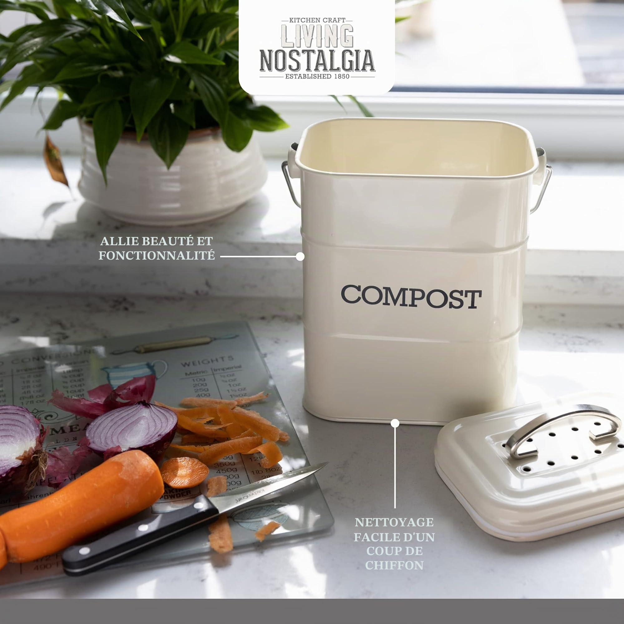 KitchenCraft Living Nostalgia Composteur De Cuisine Métal 16,5x12x24 cm Crème Antique