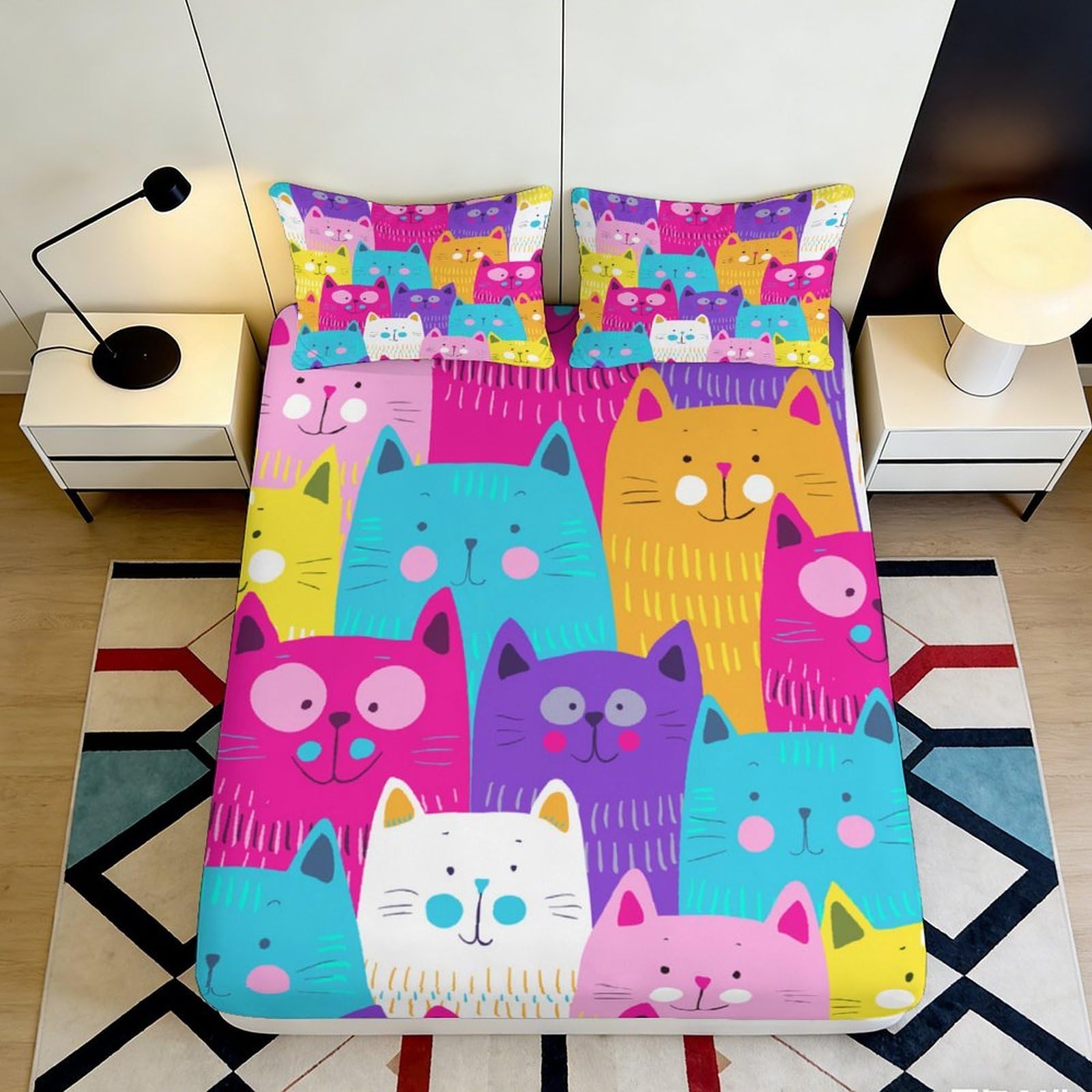3D Printed Cartoon Cat Microfiber Fitted Sheet Deep Pocket Bedroom Non-Slip Cartoon Cat Mattress Fitted Cover Full Wrap 120x200x25cm
