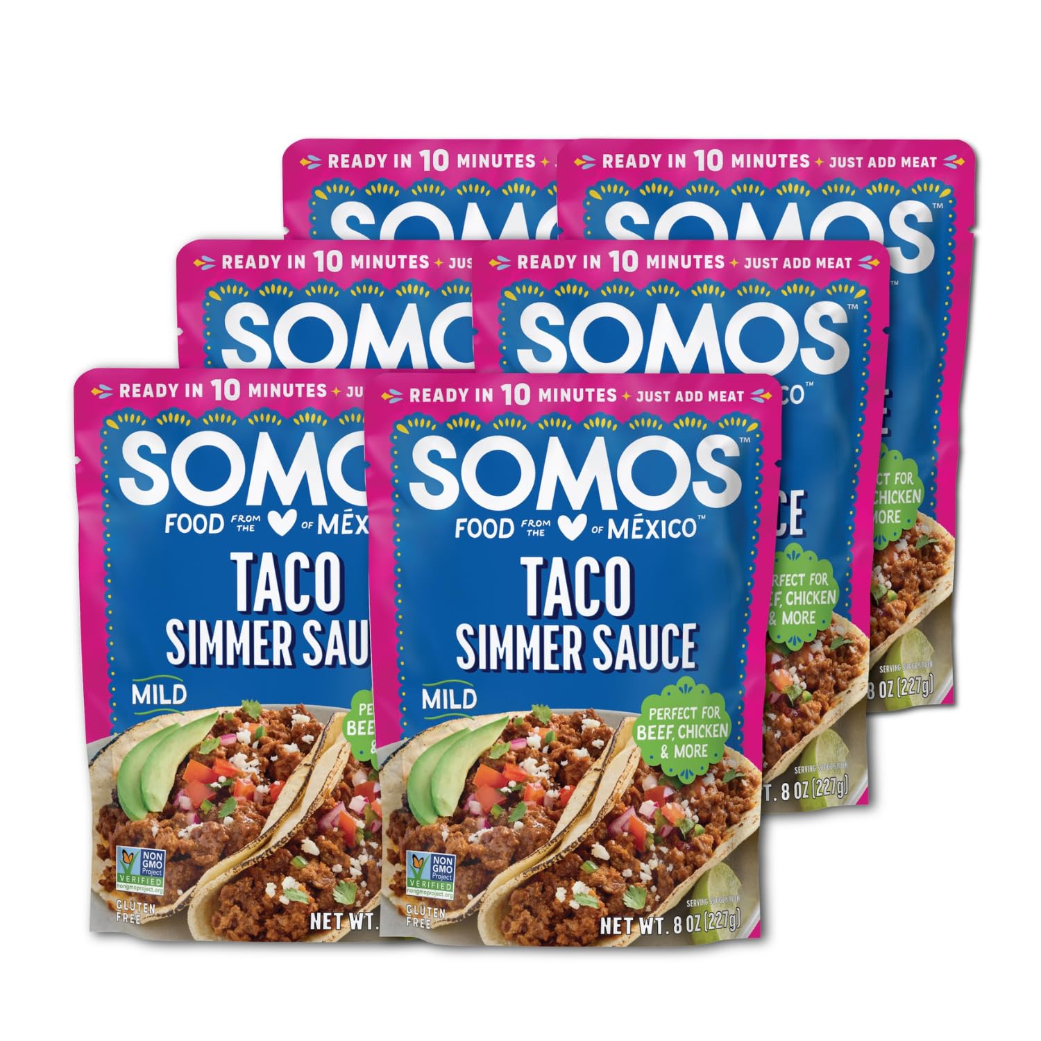 SOMOS Taco Simmer Sauce - Taco Sauce with Tomatoes, Cumin, & Mild Red Chiles - Gluten Free - Plant Based - Non-GMO - All Natural - Perfect for Beef, Chicken, & More - 8oz (6 Pack)