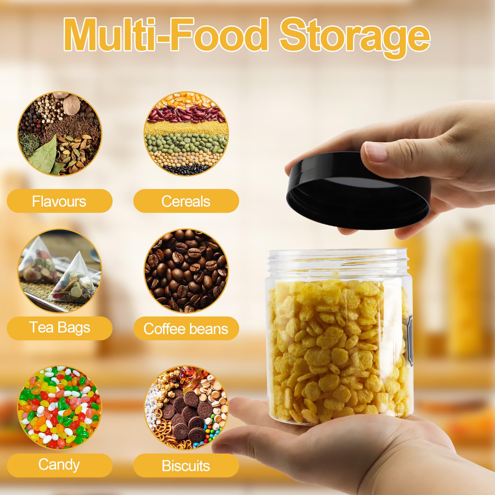 20 barattoli in plastica con coperchio nero, 500 ml, in plastica trasparente con etichette e penne, contenitori rotondi per alimenti da cucina, spezie, snack, condimenti, cereali, liquidi