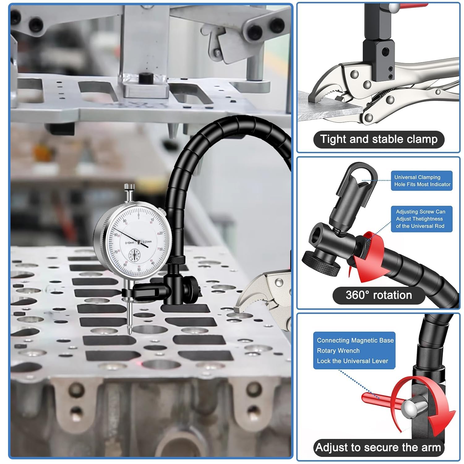 Medidor de rotor de freno de disco con medidor de 0 – 10 mm (resolución de 0,01 mm), comprobador de resistencia al impacto del disco de freno del coche, tornillo de sujeción con brazo
