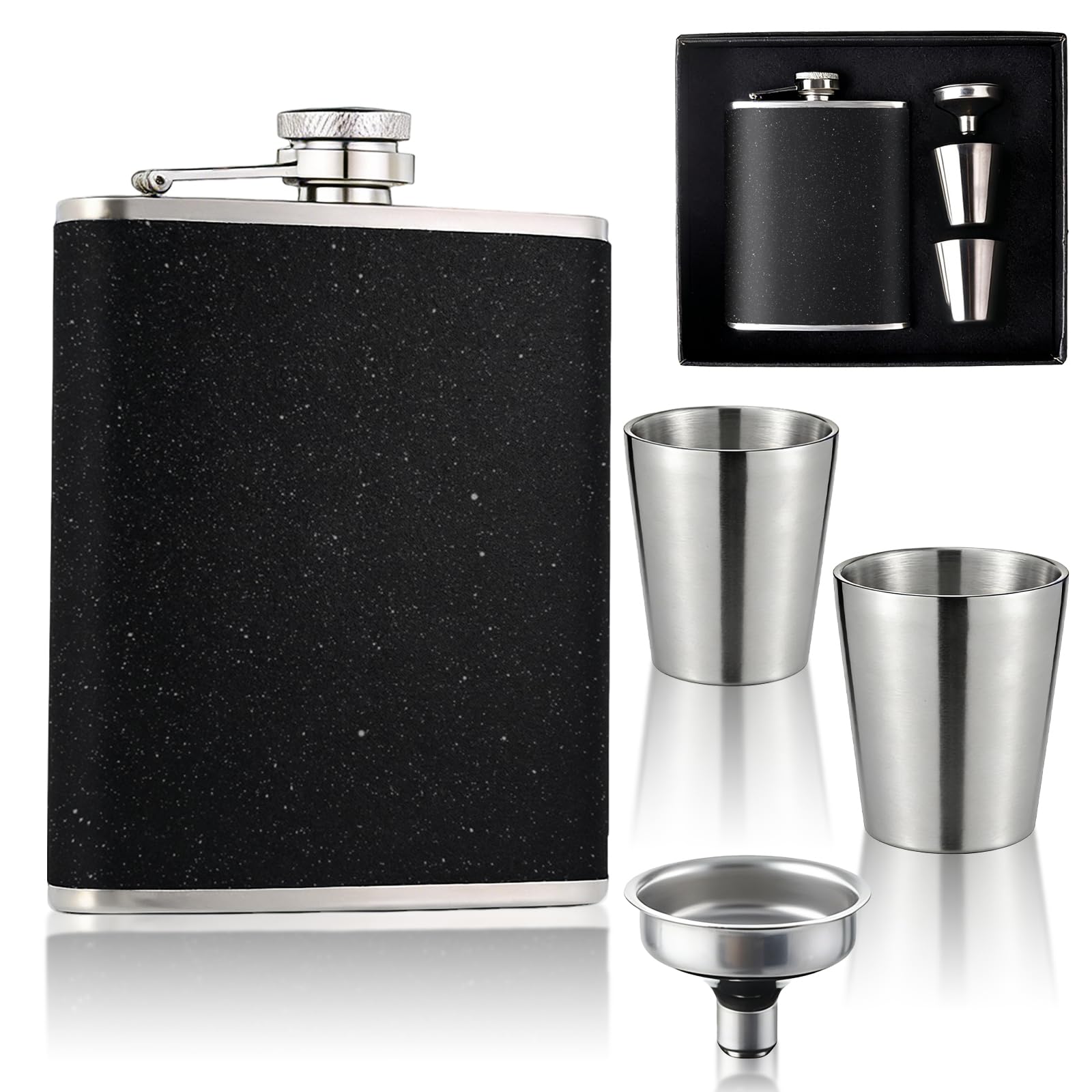 Hip Flask for Liquor, Hip Flask 8Oz with 2 Small Cup and 1 Funnel, 304 Stainless Steel Portable Whiskey Flasks for Whiskey Or Other Alcoholic Beverages (Black)
