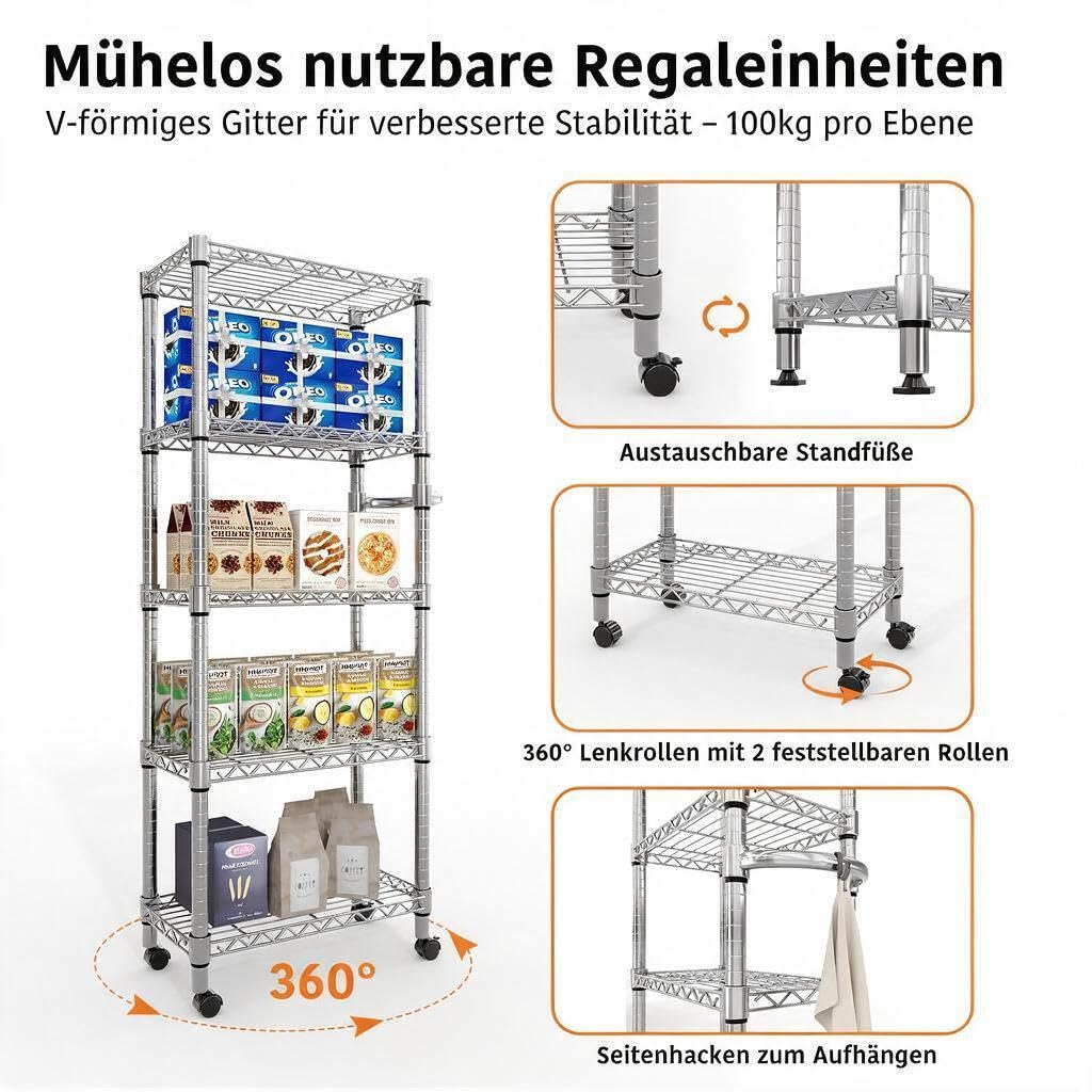 Schwerlast-Rollregal aus Drahtmetall, 5 Ebenen, ca. 155 cm hoch - höhenverstellbares Metallregal - bis 1100 lbs/499 kg, feststellbare Rollen - für Küche/Speisekammer/Garage - Silber