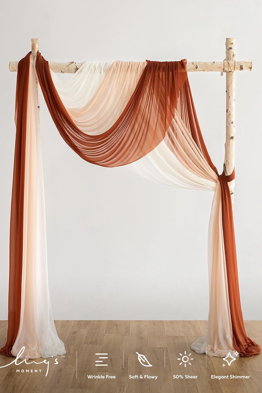 Ling's Moment Deluxe Wedding Arch Draping Fabric, Easy Hanging Chiffon Sheer Drapes, Wrinkle Arbor Backdrop Durable Wedding Decorations for Ceremony Outdoor 3 Panels Curtain,26ft,Rust & Sepia