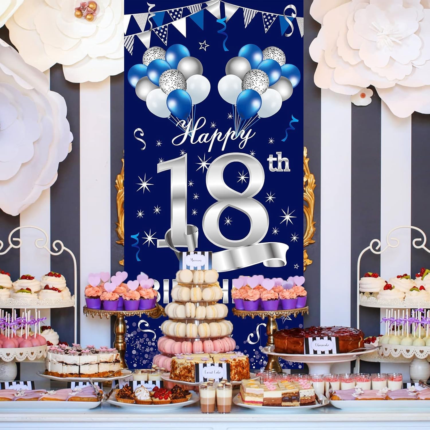 Blue Silver 18th Birthday Door Banner Tablecloth Decorations, Happy 18 Birthday Party Porch Banner for Boys, Sweet 18 Year Old Birthday Party Supplies