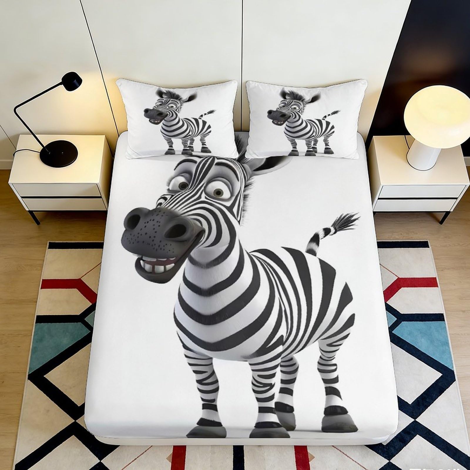 3D Printed Cartoon Zebra Fitted Sheet Microfiber Anti-Slip Animal Bed Cover for Bedroom Guest Room Mattress Protection 90x200x25cm