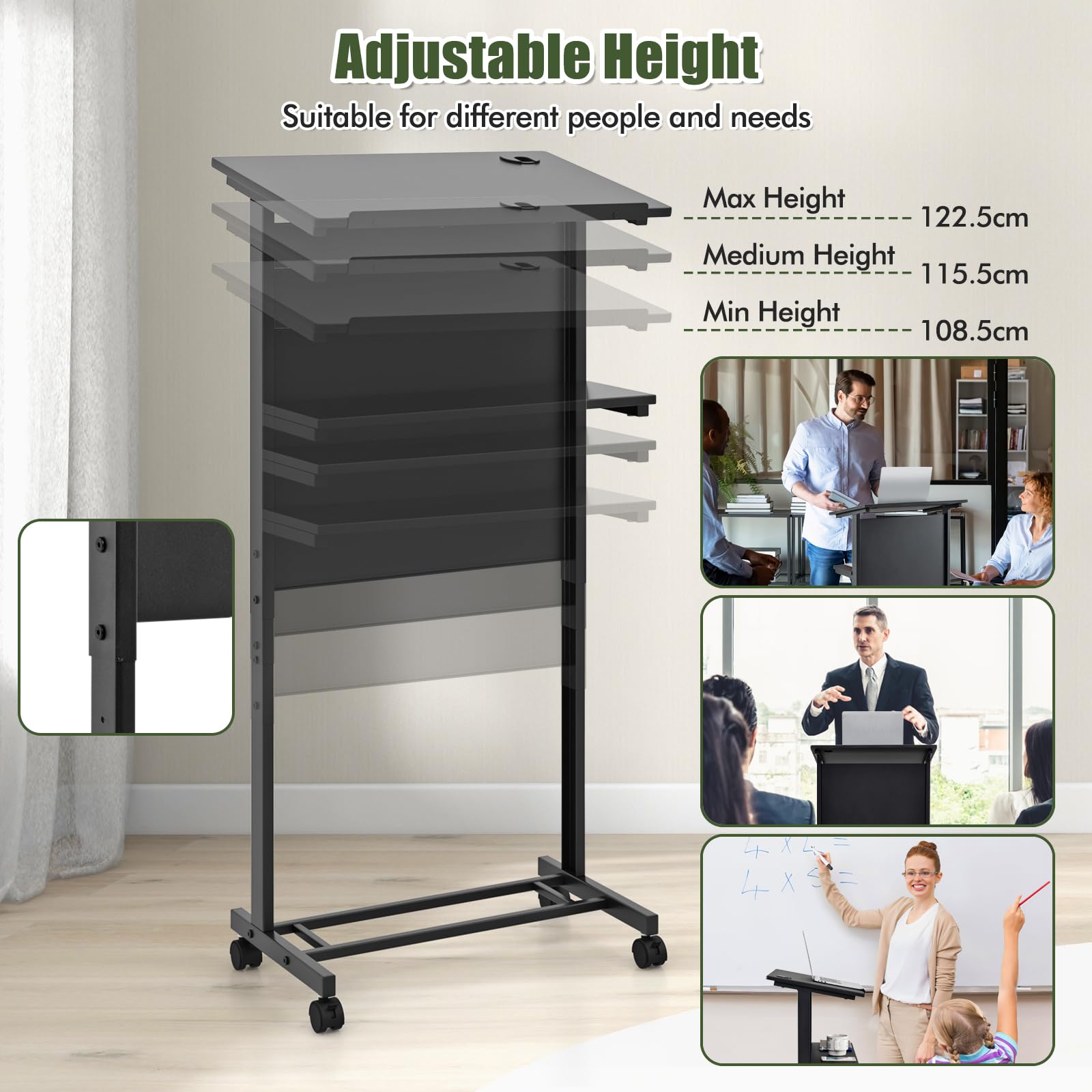 GIANTEX Atril de Conferencia con Altura Ajustable 108,5-122,5 cm, Escritorio de Pie con 4 Ruedas y Tablero Inclinable 60 x 40 cm, Mesa de Ordenador con Estante Abierto, para Aula, Oficina