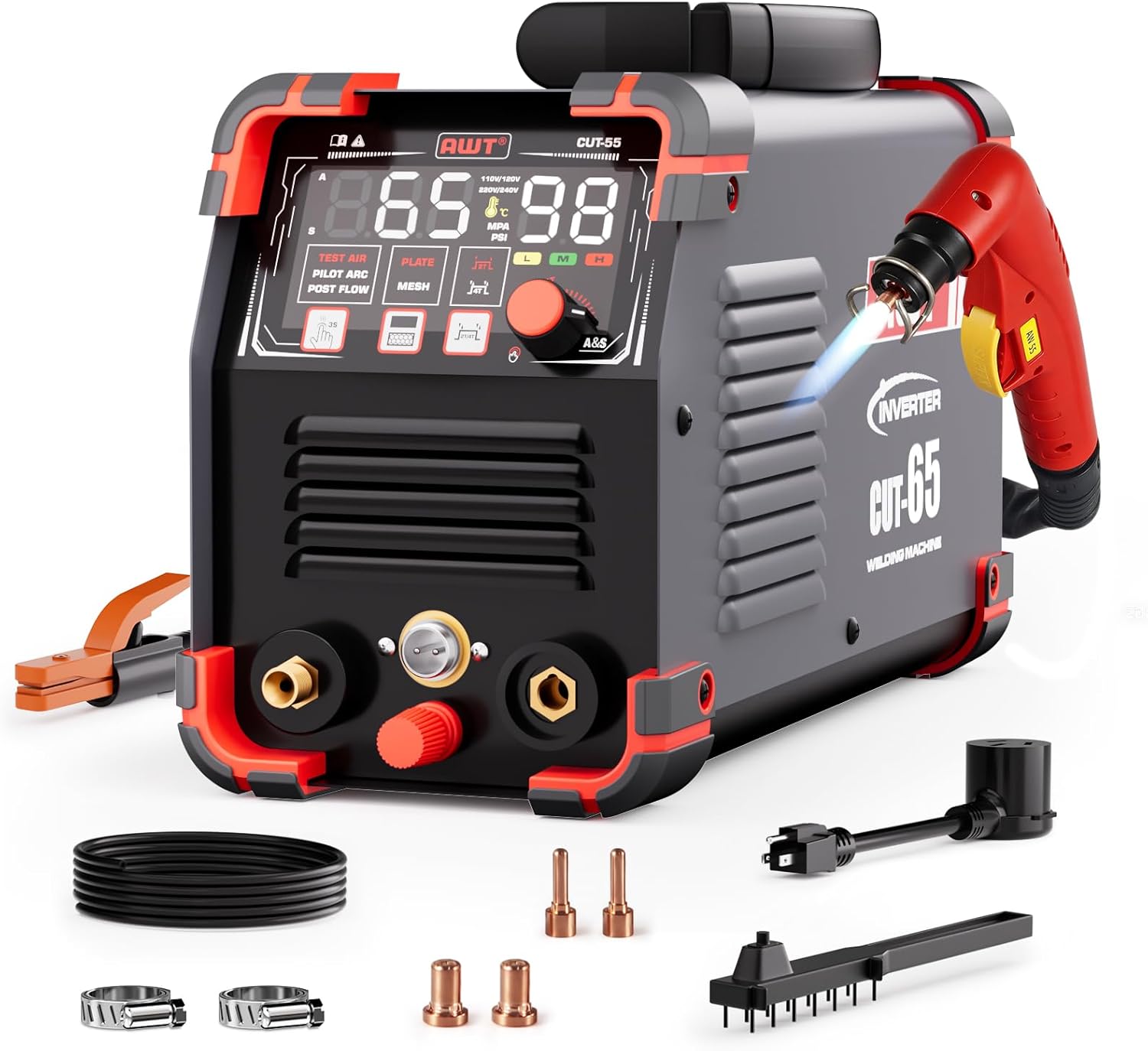 AWT Plasma Cutter,Large LED Display Cutter Machine 65Amps with Non-Touch Pilot Arc,110/220V Dual VoltagePlasma Cutting Machine,IGBT Inverter Air Sensor Technology&2T/4T,Max Cut 1"Plate/Mesh Cutting