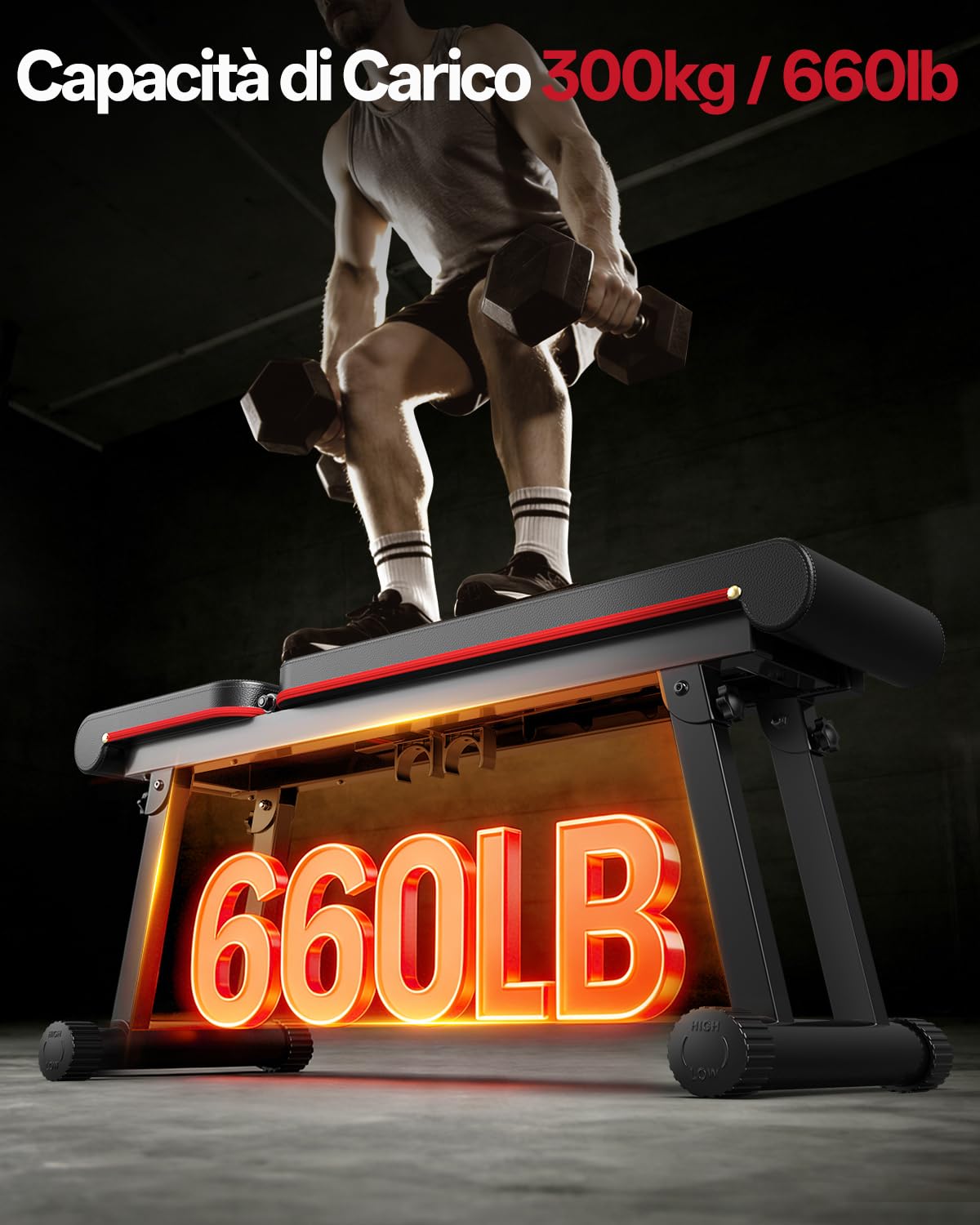 PASYOU Panca Piana Palestra, Panca Pesi Regolabile Pieghevole con Capacità di Carico 300KG, 6 Livelli Inclinazione, Panca Palestra per Palestra Domestica Telaio Doppio (Modello: PB300)
