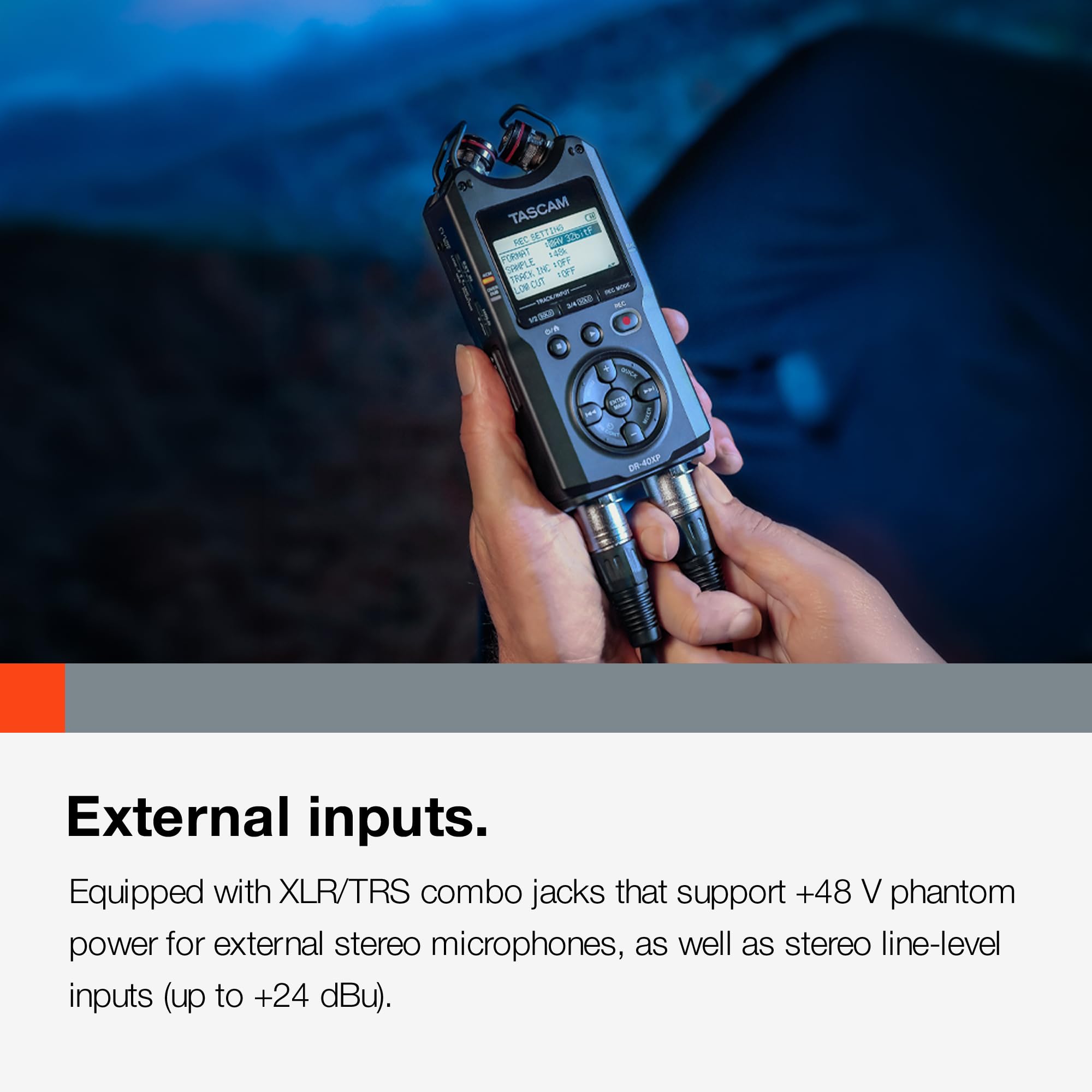 TASCAM DR-40XP Enregistreur de terrain portable 4 canaux 32 bits virgule flottante et interface audio USB-C — avec 2 entrées XLR/TRS et microphones réglables pour la musique, l'audio pour la vidéo et