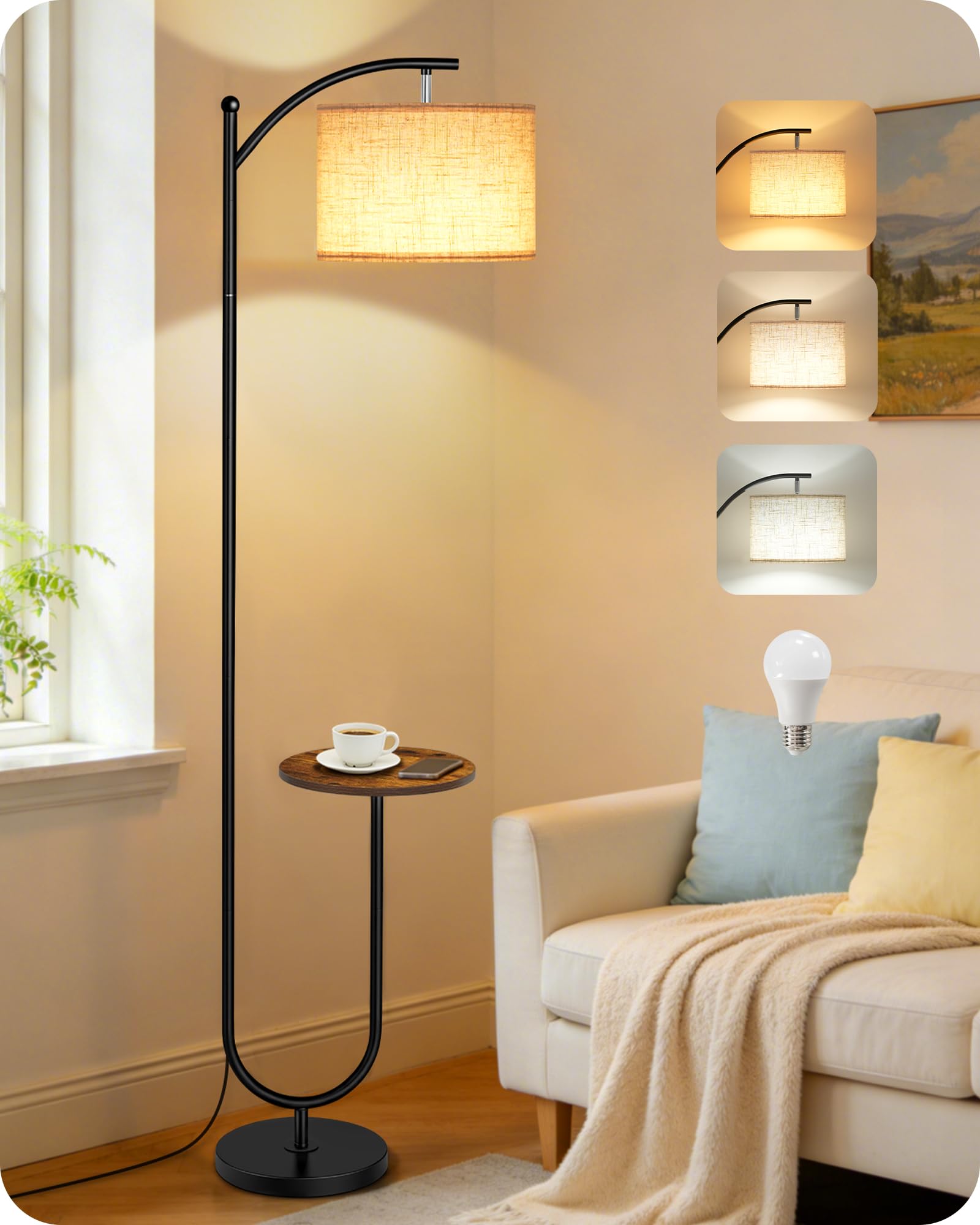 GOEBLESON Floor Lamp with Storage Shelf, 3 Color Temperatures, Memory Function, Adjustable Head, Linen Shade, Foot Switch Control, for Living Room, Bedroom, Rustic Brown and Beige ZFE22LDK05