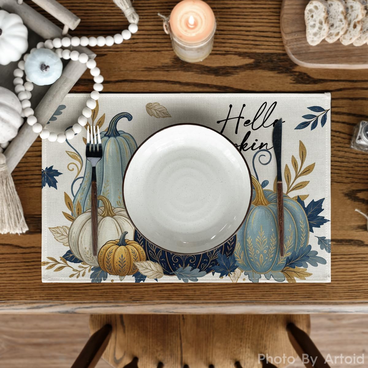 Artoid Mode Leaves Hello Pumpkin Fall Placemats Set of 4-12 x 18 Inch