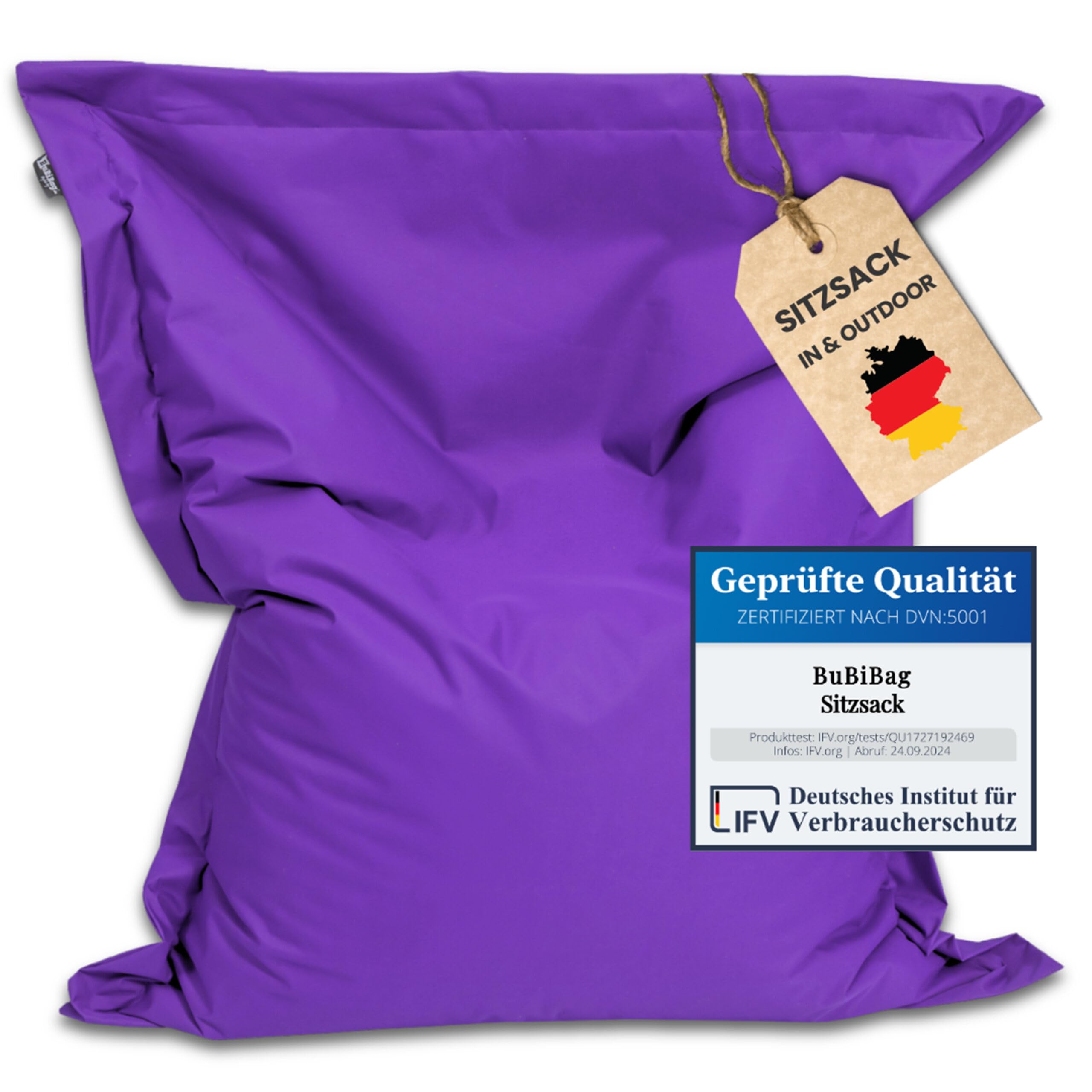 BuBiBag Sitzsack XXL 200x140 cm mit Füllung – Handgefertigt – Bean Bag Indoor & Outdoor – Riesensitzsack Lounge Gästebett – wasserabweisend – Lila
