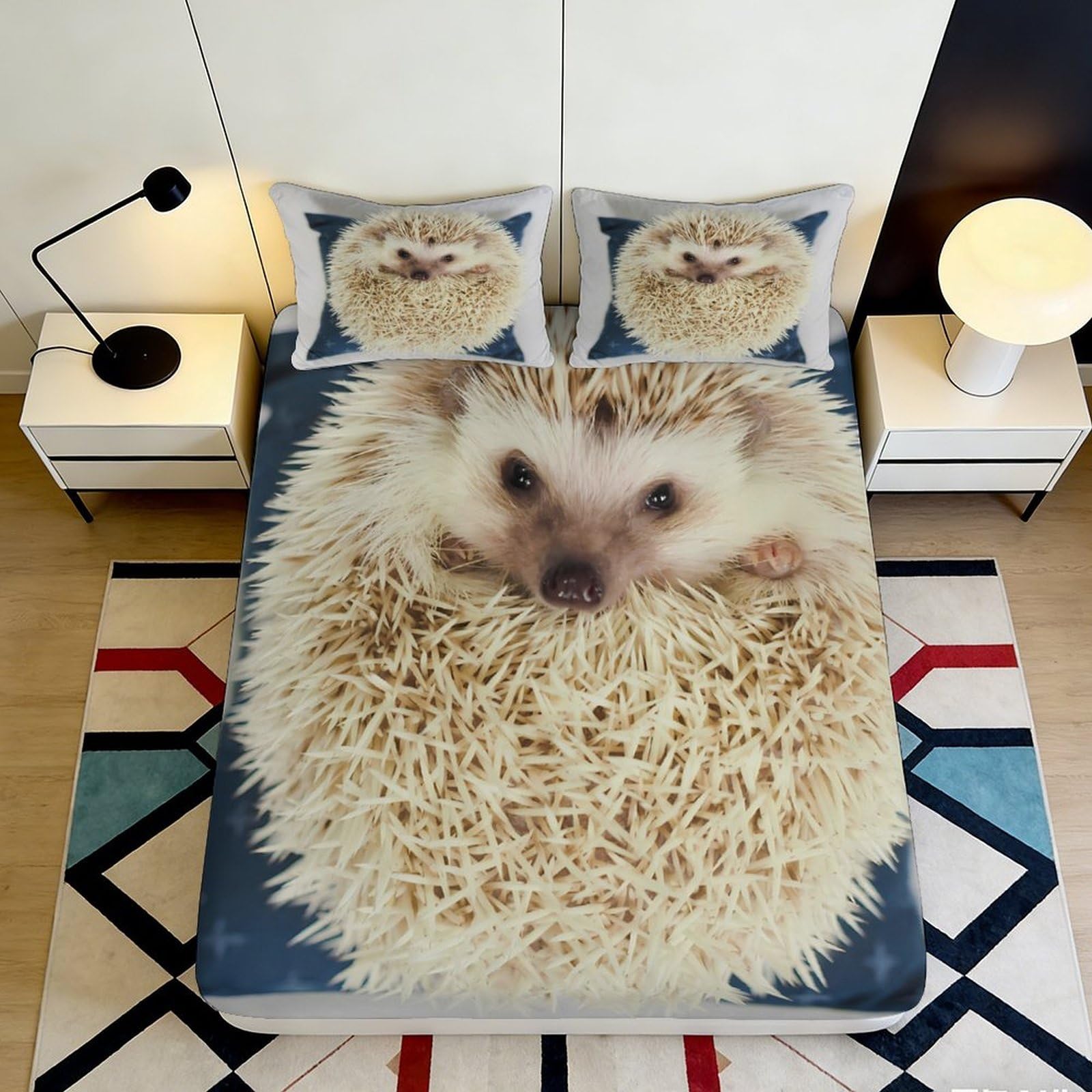 3D Printed Hedgehog Fitted Sheet Microfiber Deep Pocket Non-Slip Bedding Hedgehog Mattress Fitted Cover Washable for Bedroom 120x200x25cm