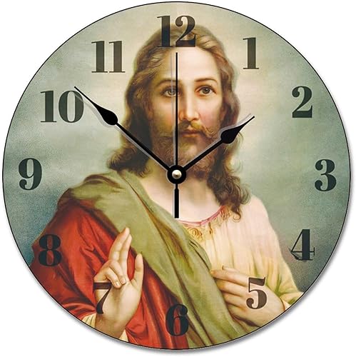 ArogGeld Reloj de pared de Jesucristo, reloj religioso, silencioso y redondo, de madera, funciona con pilas, reloj colgante decorativo para oficina,