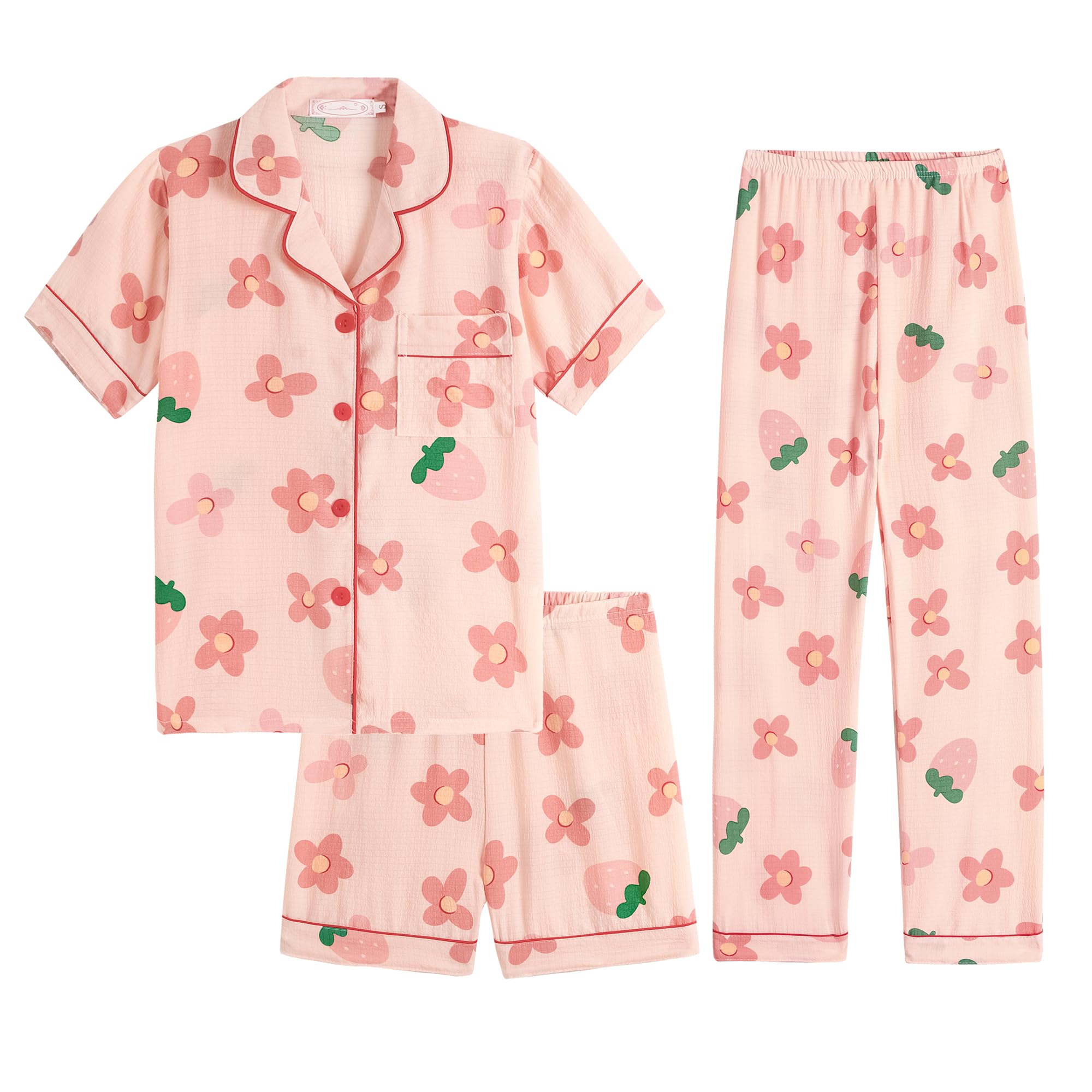 Hupohoi Big Girls Button Down Pajama Set 3pcs Crepe Fabric Sleepwear Nighty