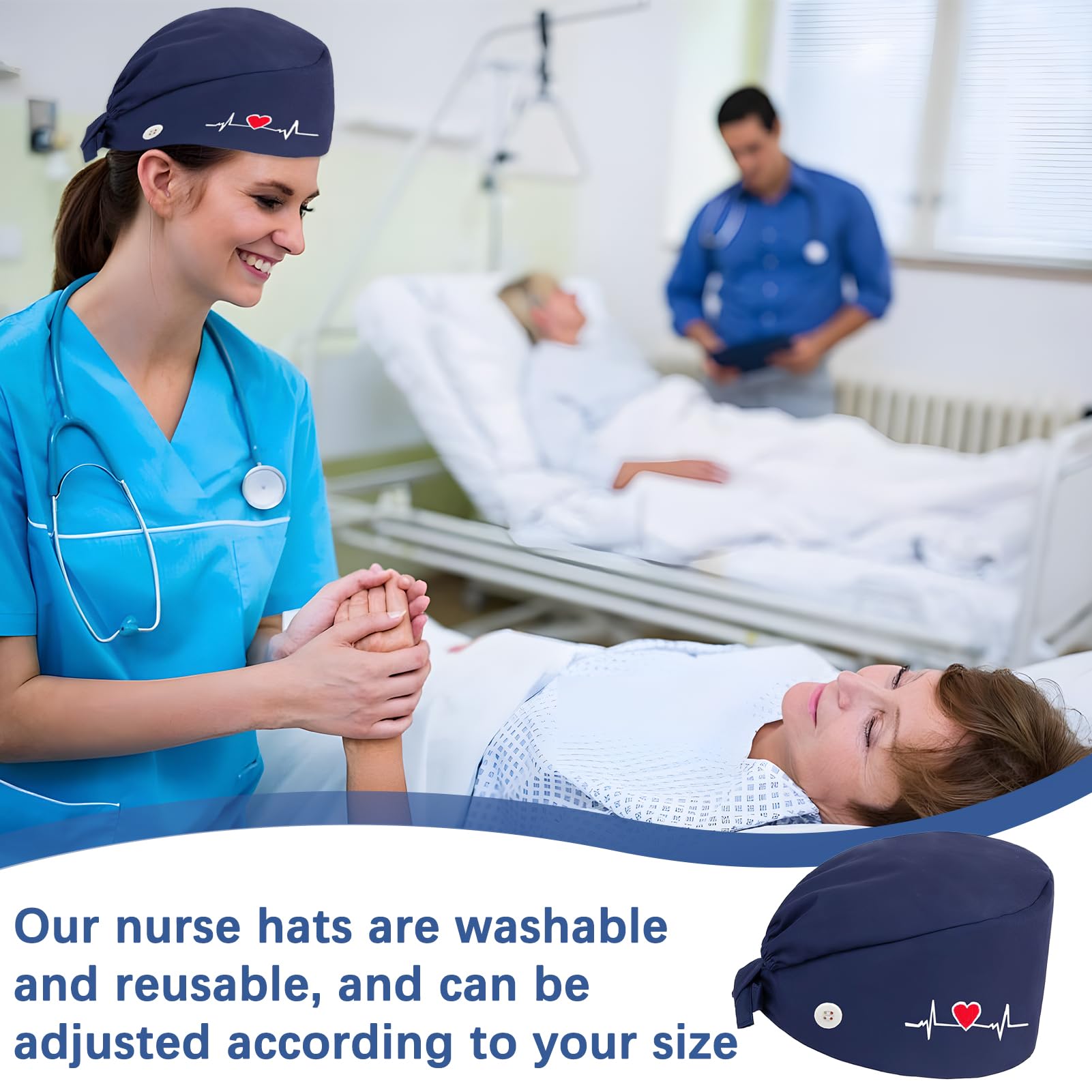 Berretto Donna Chirurgico Cappello in Cotone, Cuffietta sala Operatoria con Fascia Regolabile, Berretto Infermiera con Ricamo a Cuore, Cuffietta Chirurgica Unisex per Medici e Infermieri, Blu Scuro