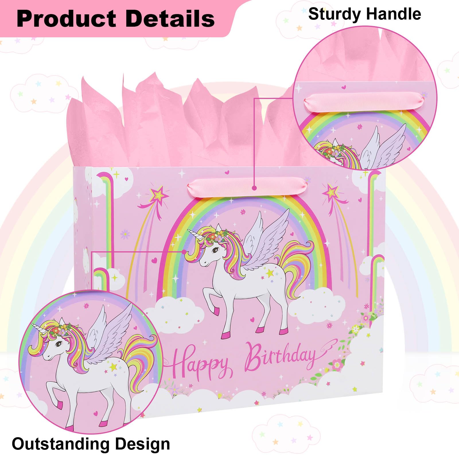 Oletx 13" Pink Unicorn Gift Wrap Paper Bag,Birthday Party Wrapping Bag With Tissue Paper Greeting Card for Women's Party,Mother's Day