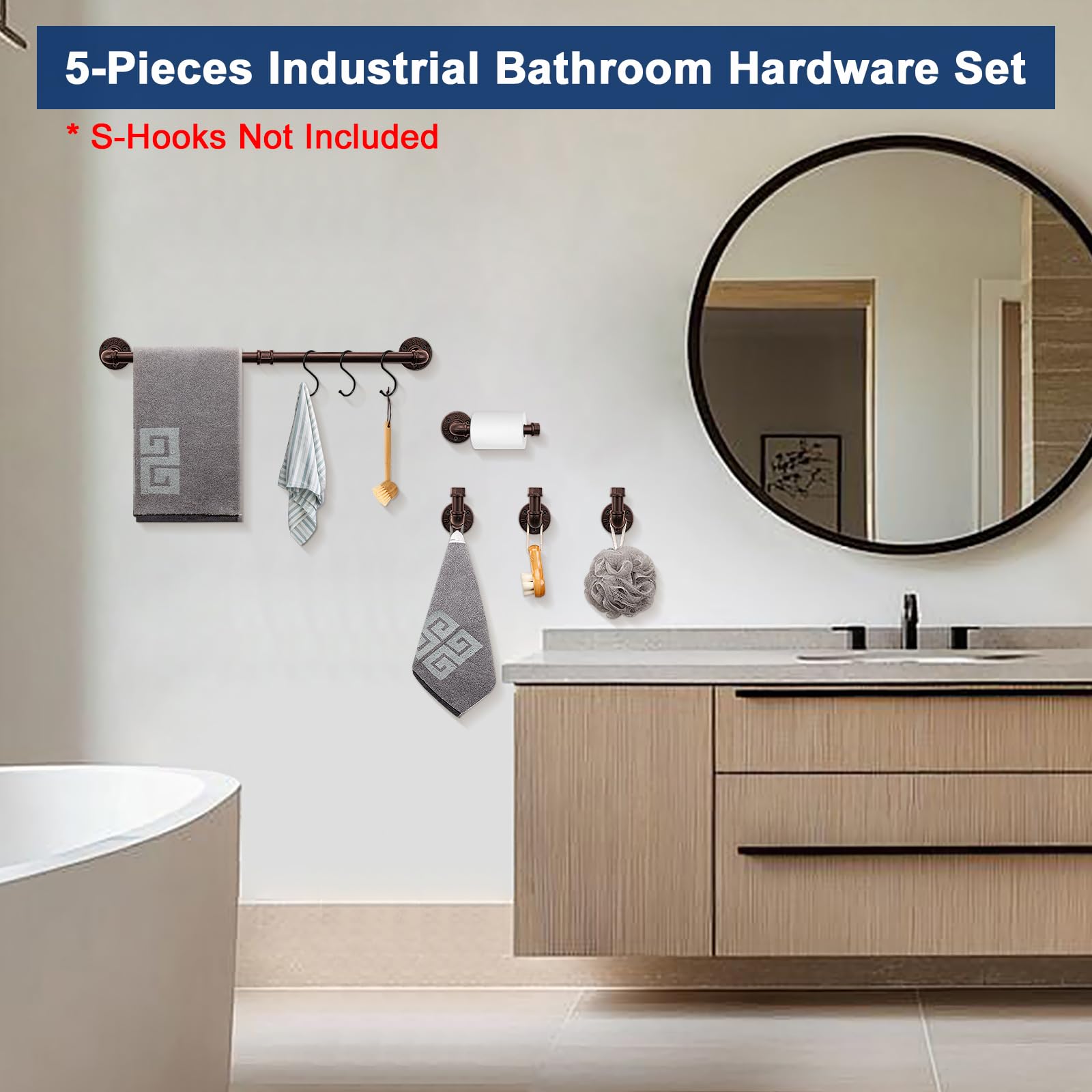 NearMoon Juego de 5 piezas de accesorios industriales para baño, incluye barra de toalla de 18 pulgadas, soporte de papel higiénico y 3 ganchos para bata, kit de accesorios de decoración rústica para