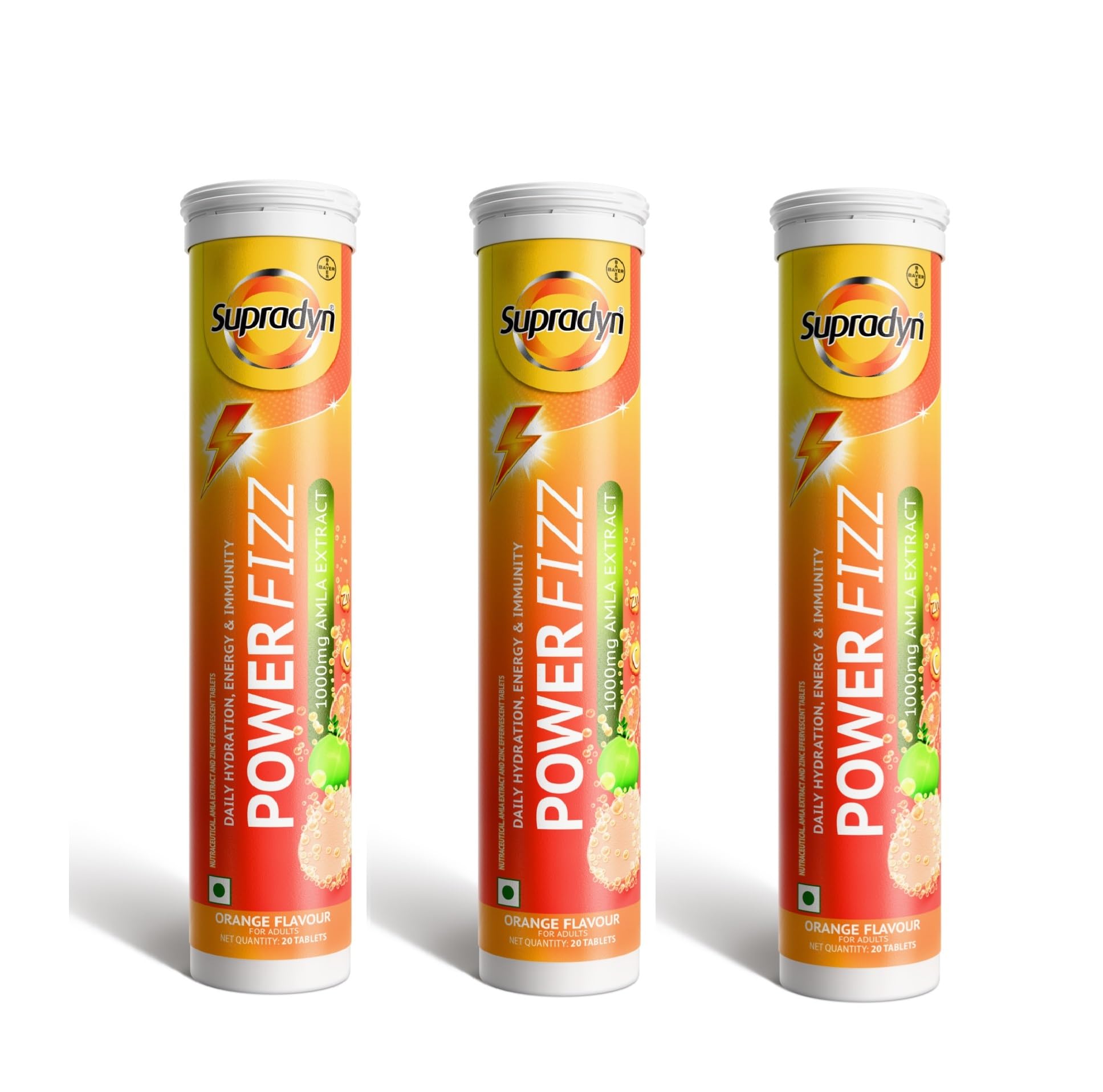 Supradyn PowerFizz Energy Booster – India’s No.1 Multivitamin Brand | 1000 mg Amla, Zinc | 10x More Electrolytes Than Bottled Water | Orange Flavored Hydration | 20 Effervescent Tablets (Pack Of 3)
