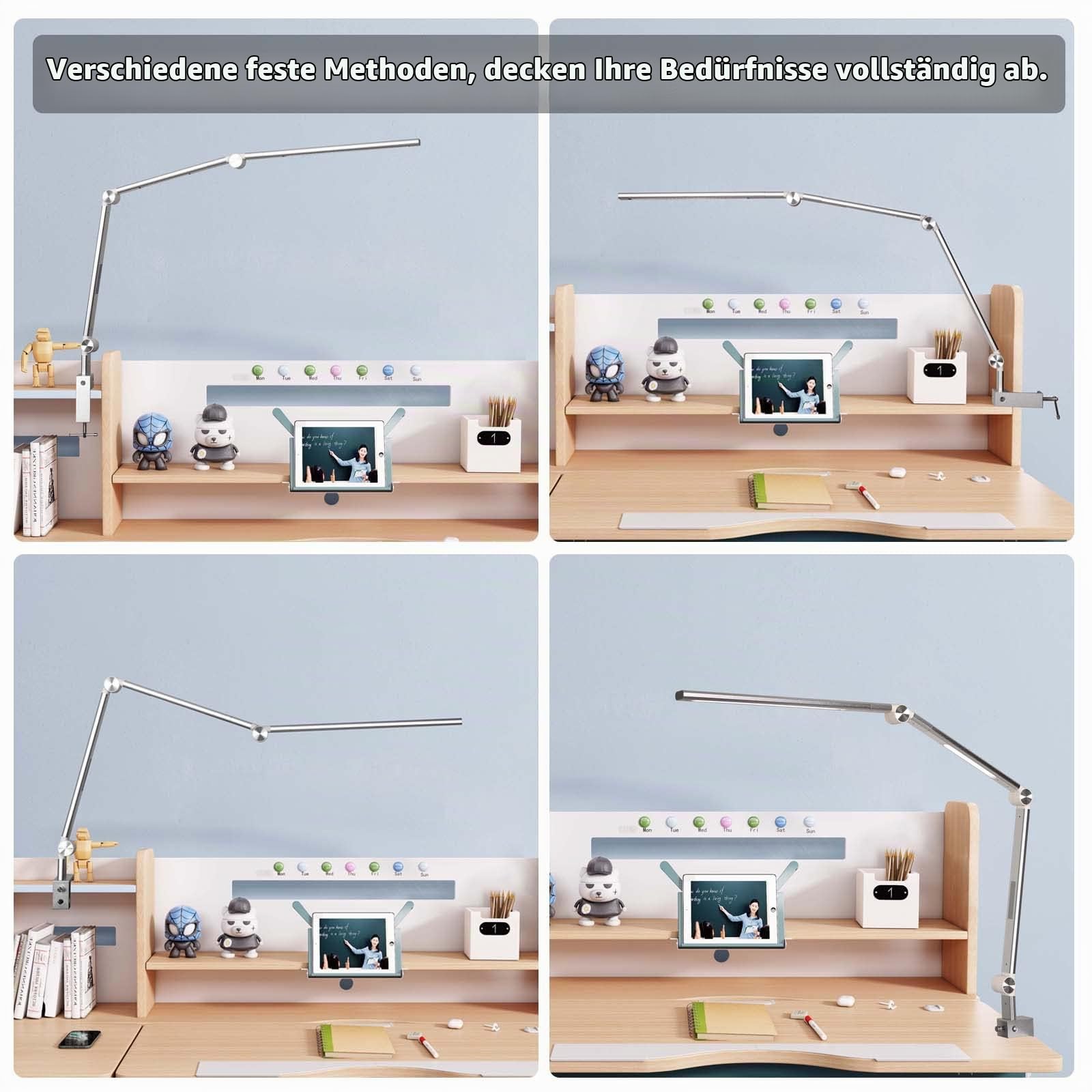 VERSKI Schreibtischlampe LED, Dimmbar 18W Doppelte Lichtquelle Schreibtischlampe für Homeoffice, Klemmbar Augenschutz Tageslichtlampe, 5 Farbtemperaturen und Helligkeit Einstellbare Büro Tischlampe