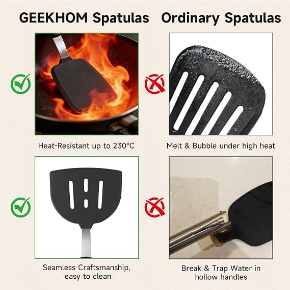 GEEKHOM 4-Pack Silicone Spatulas for Cooking - Fish Slice Solid & Slotted - Spatulas & Turners Set for Non Stick Pan and Pots - Non-Scratch Heat Resistant BPA Free Dishwasher Safe Kitchen Utensils
