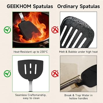 GEEKHOM 4-Pack Silicone Spatulas for Cooking - Fish Slice Solid & Slotted - Spatulas & Turners Set for Non Stick Pan and Pots - Non-Scratch Heat Resistant BPA Free Dishwasher Safe Kitchen Utensils