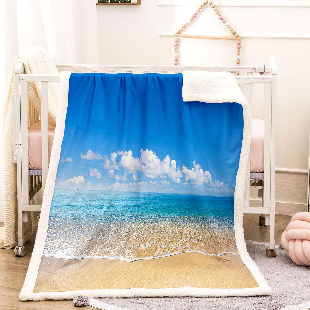 Coperta Pile Letto Matrimoniale 180X200Cm Cielo Azzurro E Vista Mare Stampata Motivo, Coperte Invernale Di Flanella Morbido In Peluche Per Letto/Divano/Sedie, Leggere, Calda, Accoglienti