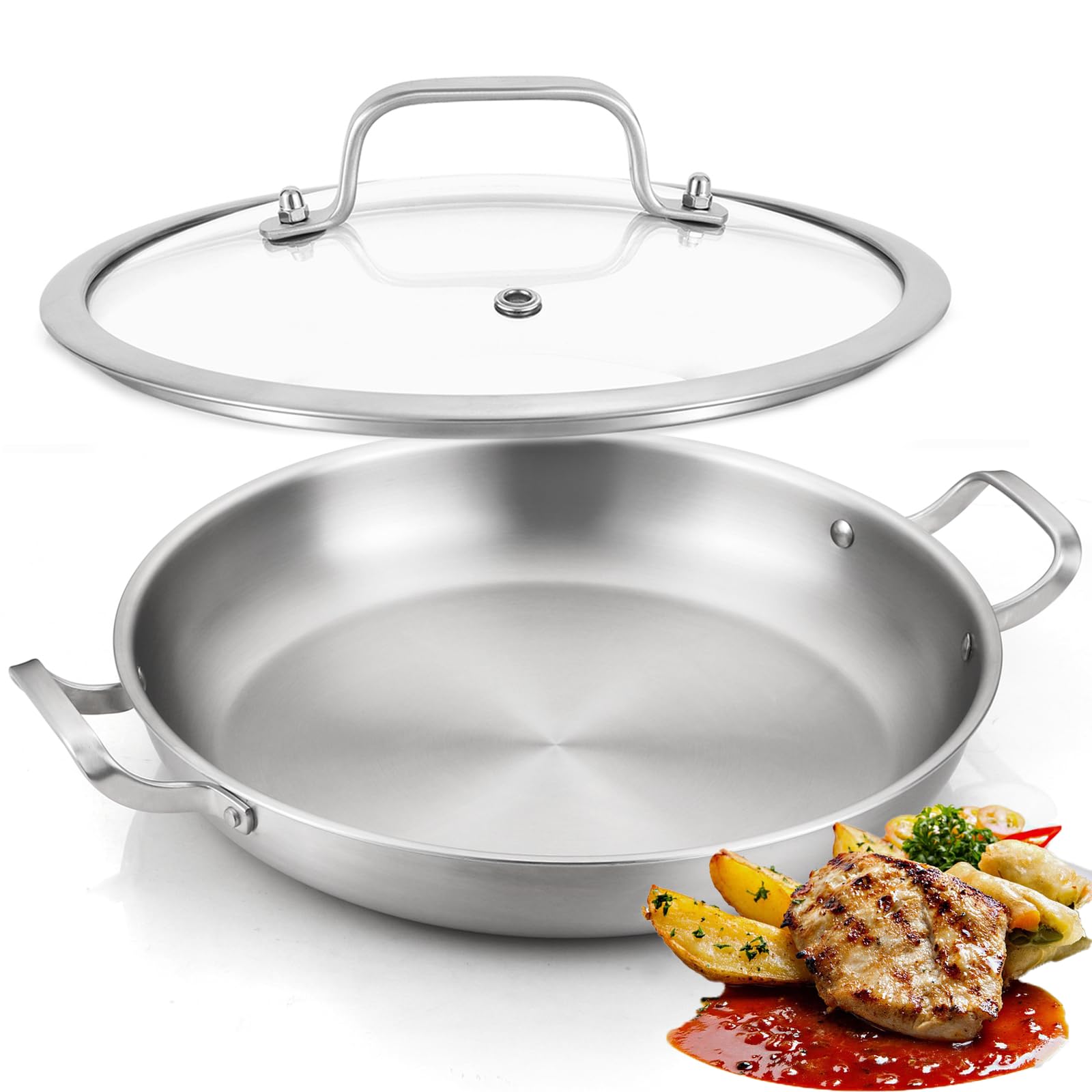 DELARLO 10 Inch Tri-Ply Stainless Steel Paella Pan with Lid, Large Induction Skillet & Jumbo Frying Pan, Heavy Duty Cookware for Paella Parties, Indoor & Outdoor Use