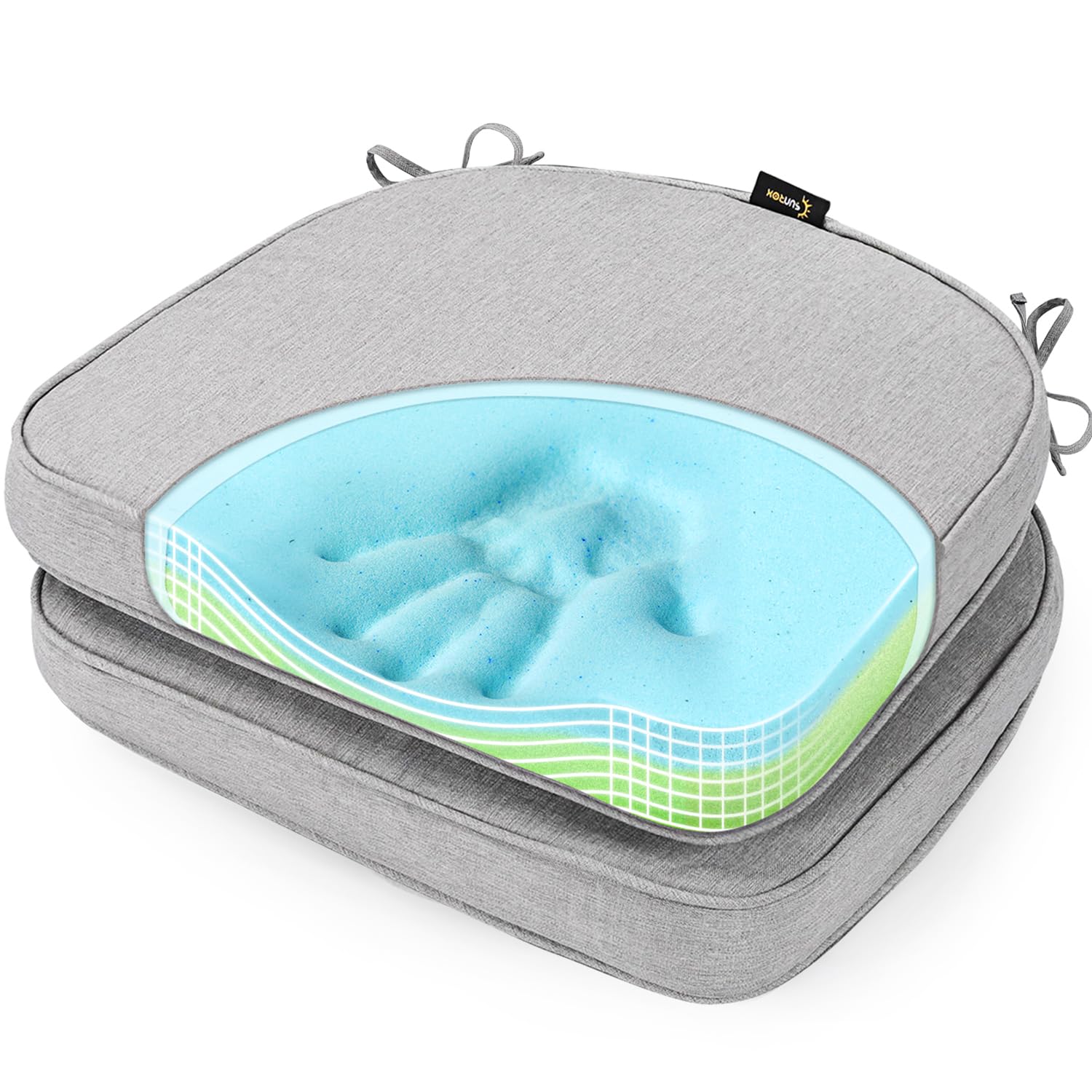 SUNROX Gel Memory Foam Chair Cushions, FadeShield Water-, Stain-Resistant Durable Reversible Seat Cushion Pads with Ties for Indoor/Outdoor Kitchen Dining Office 17"x16" Set of 2, Heather Grey