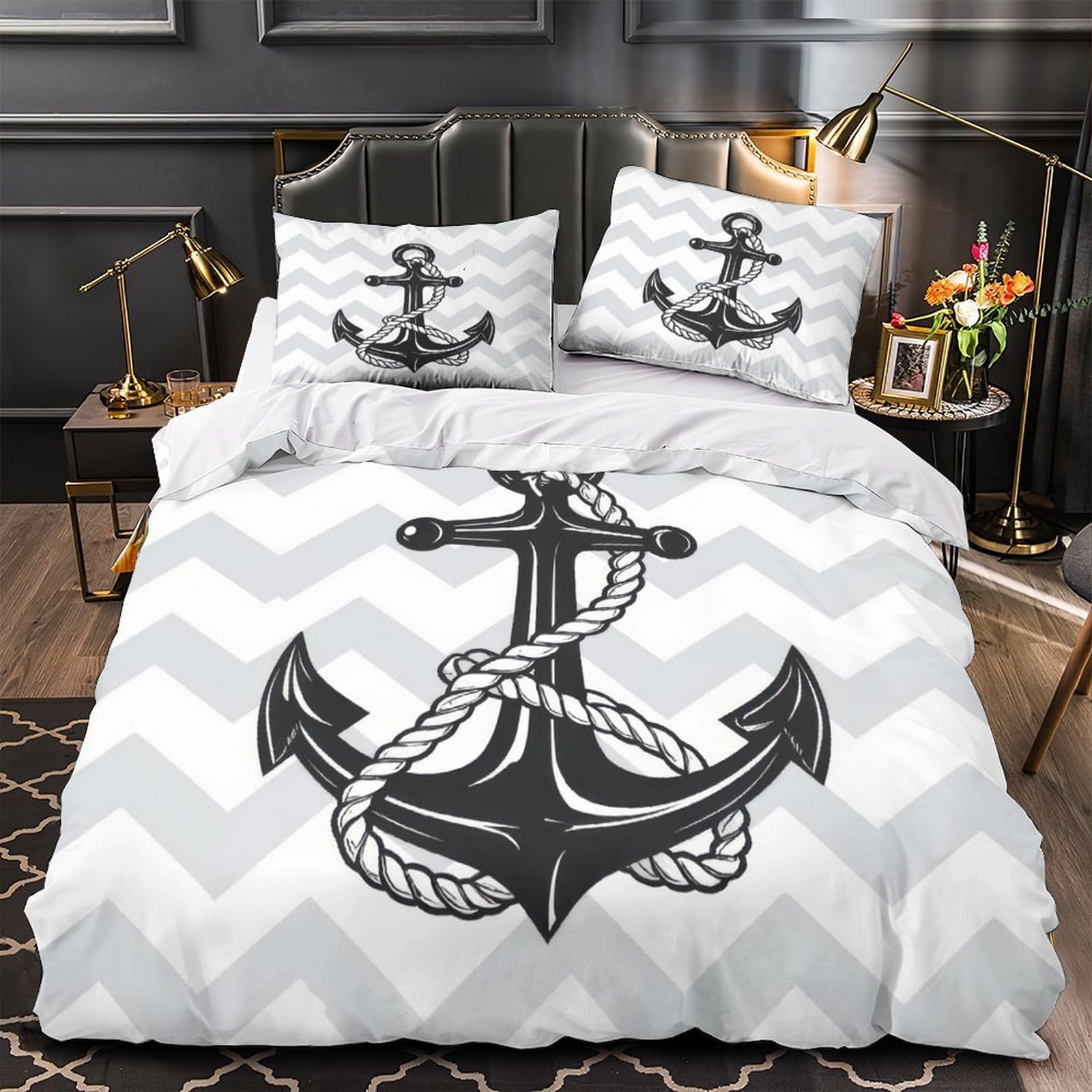 Parure de lit ancre nautique 140x200cm pour chambre d'enfant ou d'adulte