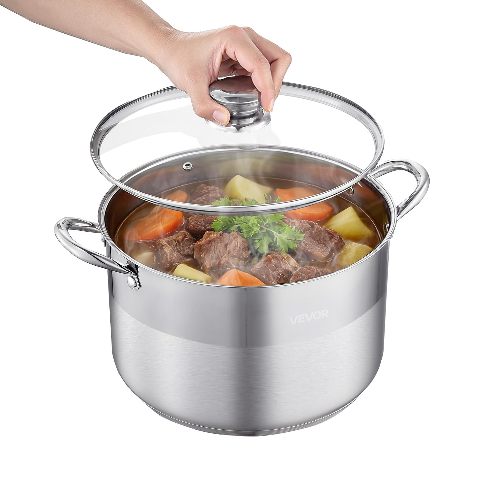 VEVOR Edelstahl Kochtopf 15,1 L Großer Suppentopf mit Glasdeckel Induktionsgeeignet Hochwertiger Nudeltopf PFOA-frei PFAS-frei für Gasherd Elektrokochfeld Ideal für Eintöpfe Pasta Familienportionen