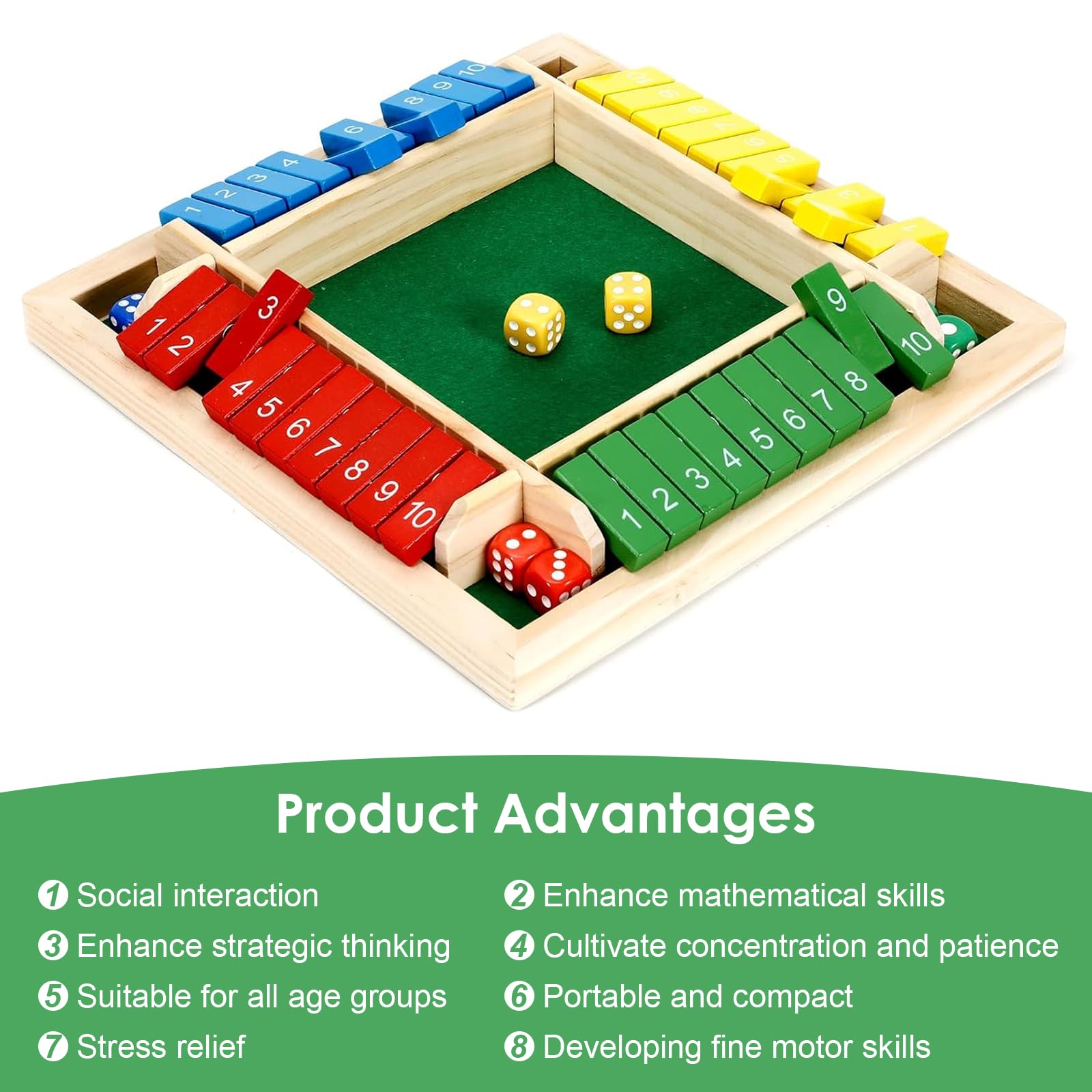 Shut The Box, Gioco da Tavolo in Legno con Dadi, Giochi in Legno di Società per Bambini e Adulti, Matematici Giochi da Tavolo Adulti per 1-4 Giocatori, Classico Mastermind Gioco per Famiglia