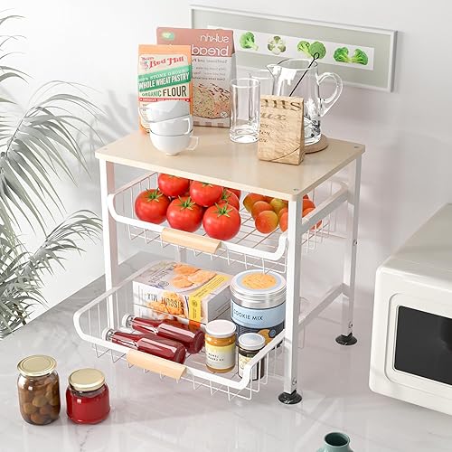 Miniatura 6 de JAQ Pull-out Fruit Basket, 4-tier Slide Out Metal Storage Baskets Carts Organizers Drawers with Wood Top and Handle with Rolling Wheels for Snacks