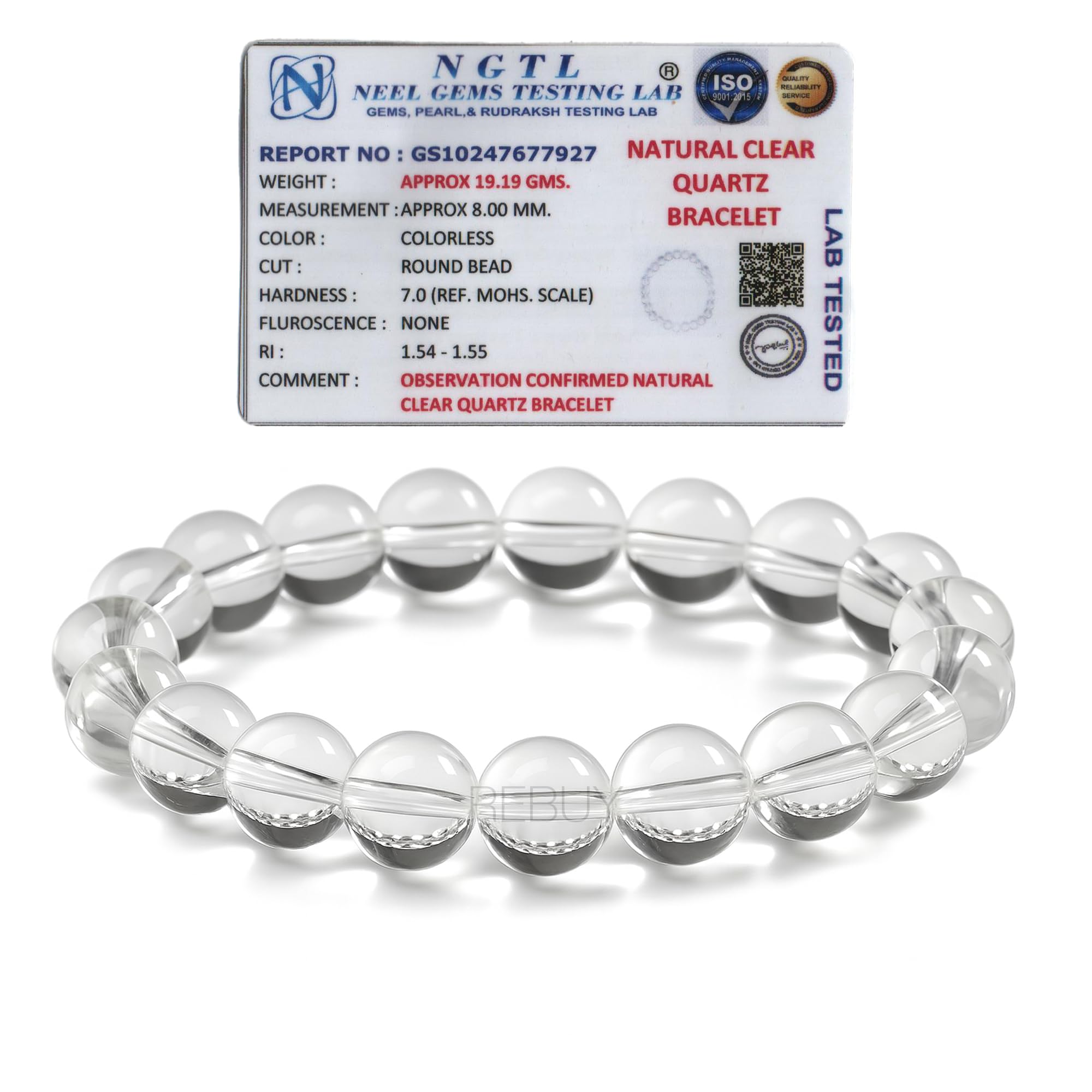 Clear Quartz Crystal Bracelet for Men & Women - Healing Crystal Bracelet with Diamond Cut Gemstones, Adjustable, Color Clear, Bead Size 8 mm, 19 centimeters, Stone, Sphatik