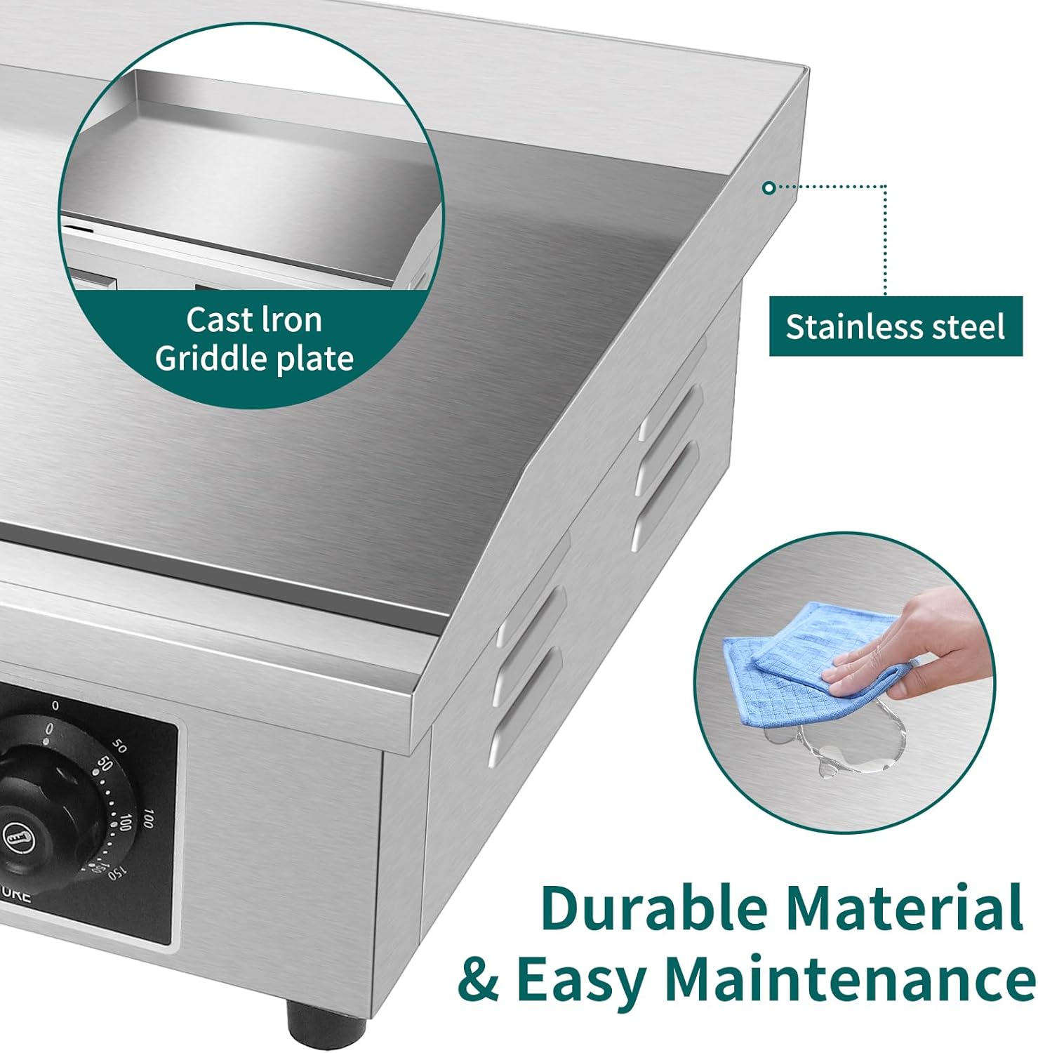 22" Commercial Electric Countertop Griddle, 3000W 110V Flat Top Grill, Non-Stick Teppanyaki Grill, Stainless Steel Hot Plate BBQ, with Adjustable Temp Control for Restaurant Kitchen