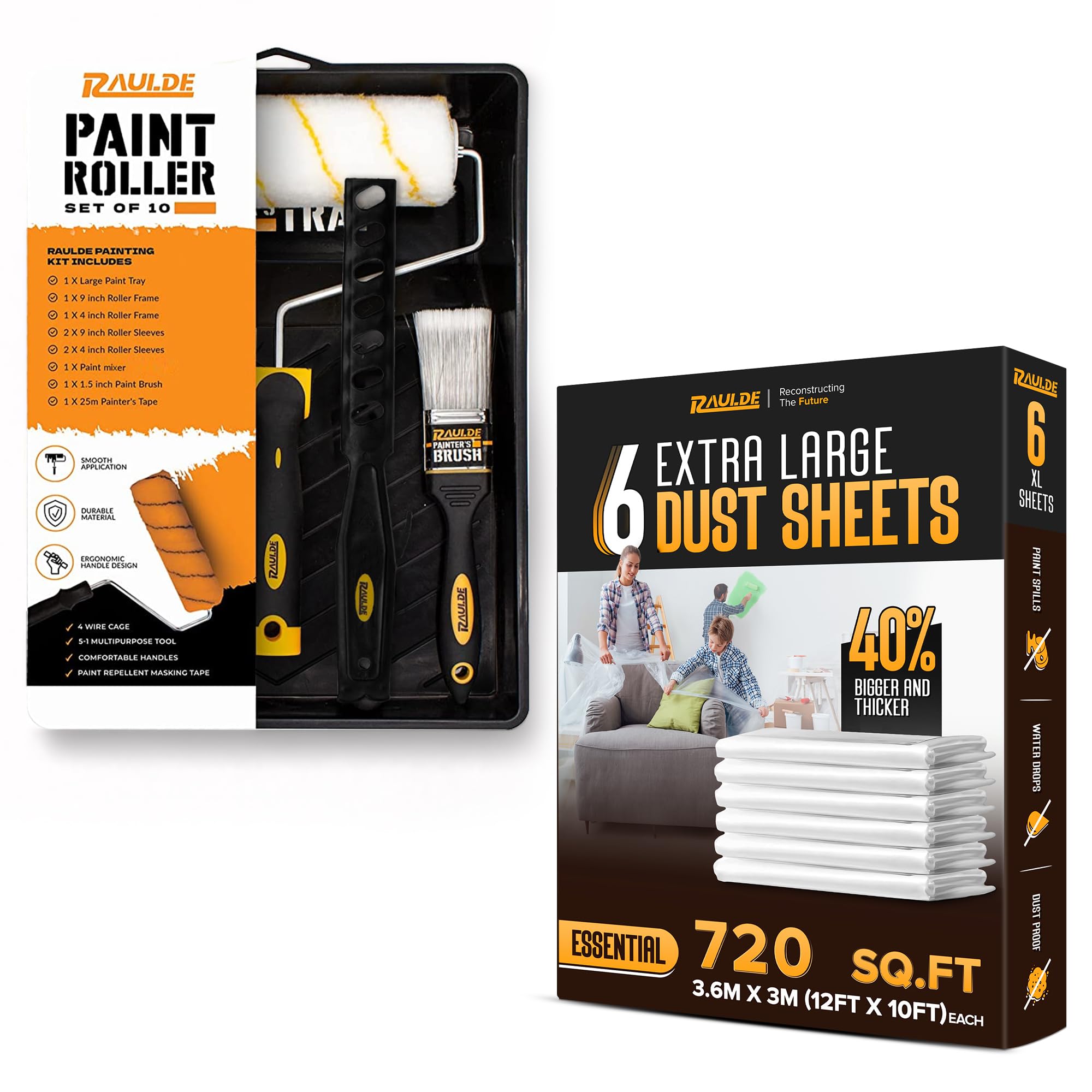 10 Pcs Paint Roller Set with 6X Large Dust Sheets – Complete Painting Kit with Rollers, Brushes, Trays, Masking Tape & Plastic Sheets for Walls, Ceilings & Furniture Protection