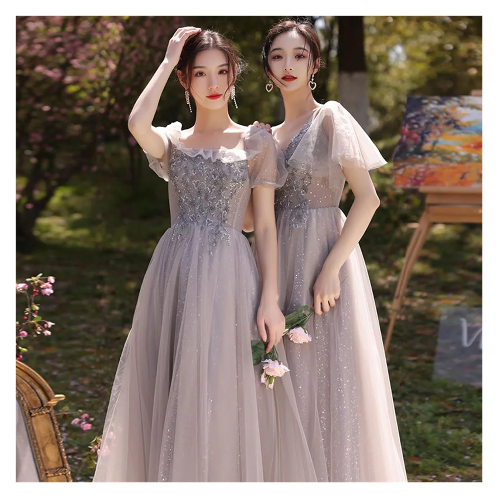 Robe de demoiselle d'honneur en Tulle, 4 Styles, avec des appliques élégantes, manches courtes, douce, ligne a, longueur cheville, robe d'invité de fête de mariage Pour Mariage CéRéMonie(Grey Long D,1