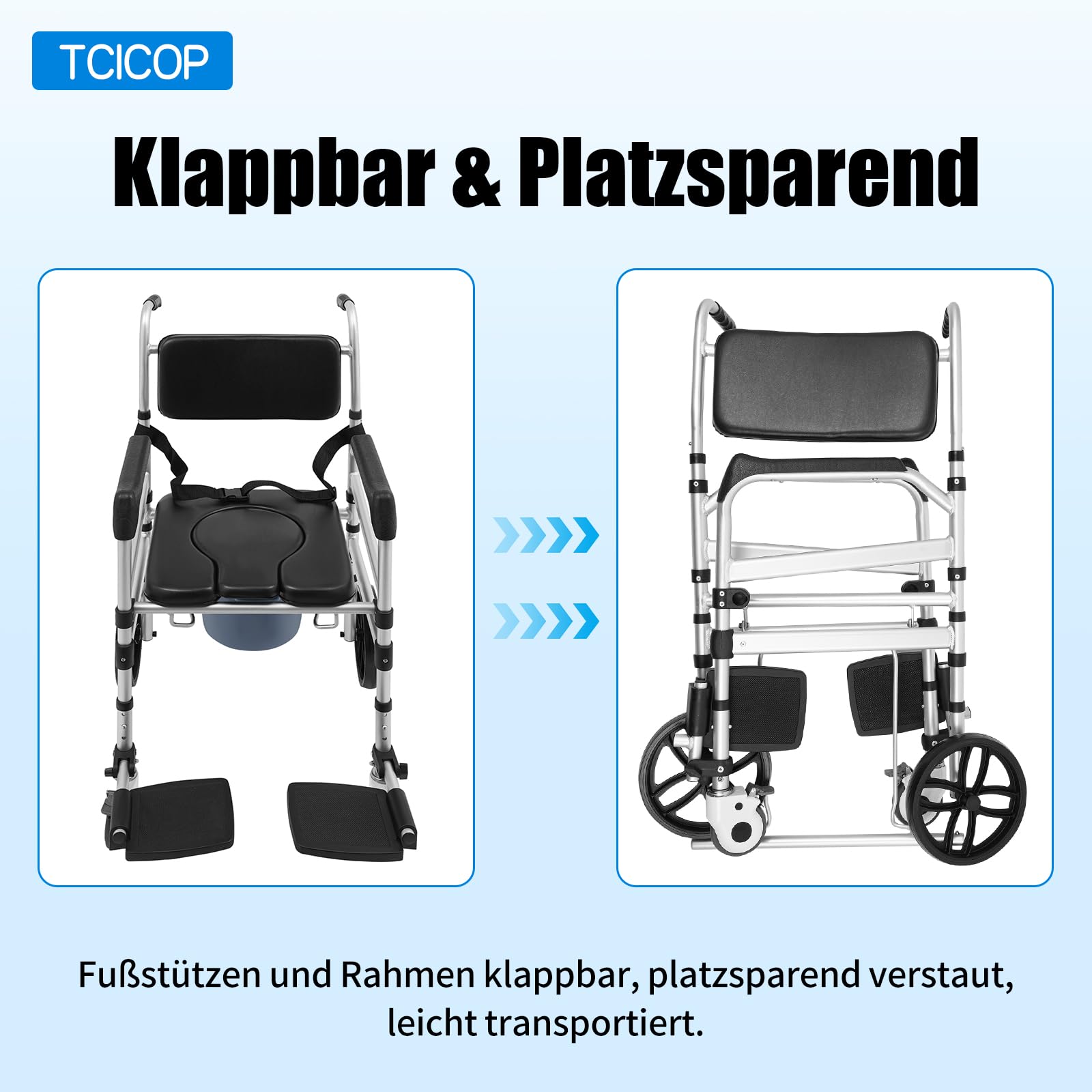 Toilettenstuhl für Senioren, Höhenverstellbar Duschstuhl mit Rollen, Faltbar Duschstuhl Toilettenhilfen, Mobil Toilettenstuhl 160kg Tragfähigkeit, für Badezimmer