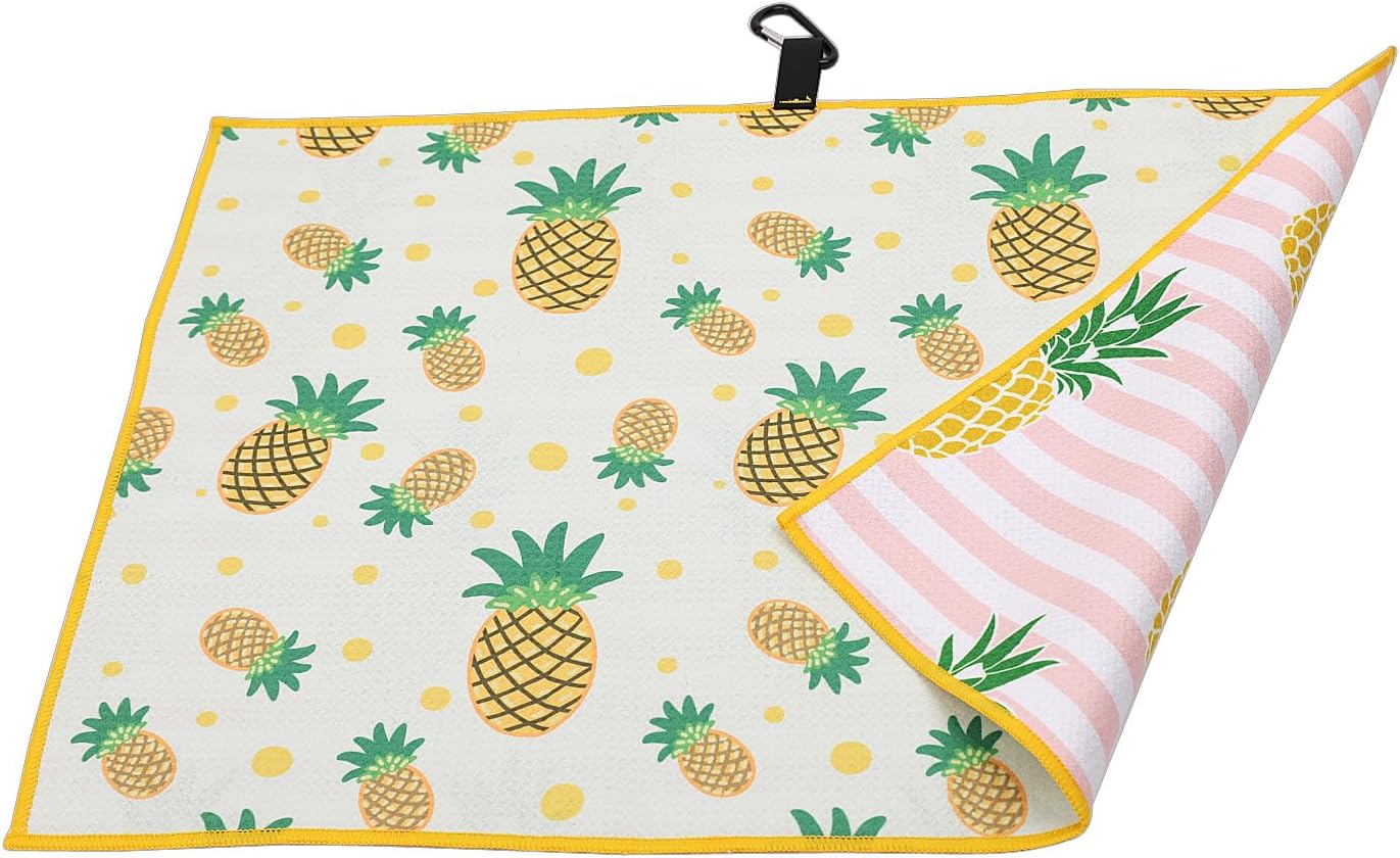 Golf Towel with Pineapples and Pink Stripes Design Golf Microfiber Waffle Pattern Golf Towel