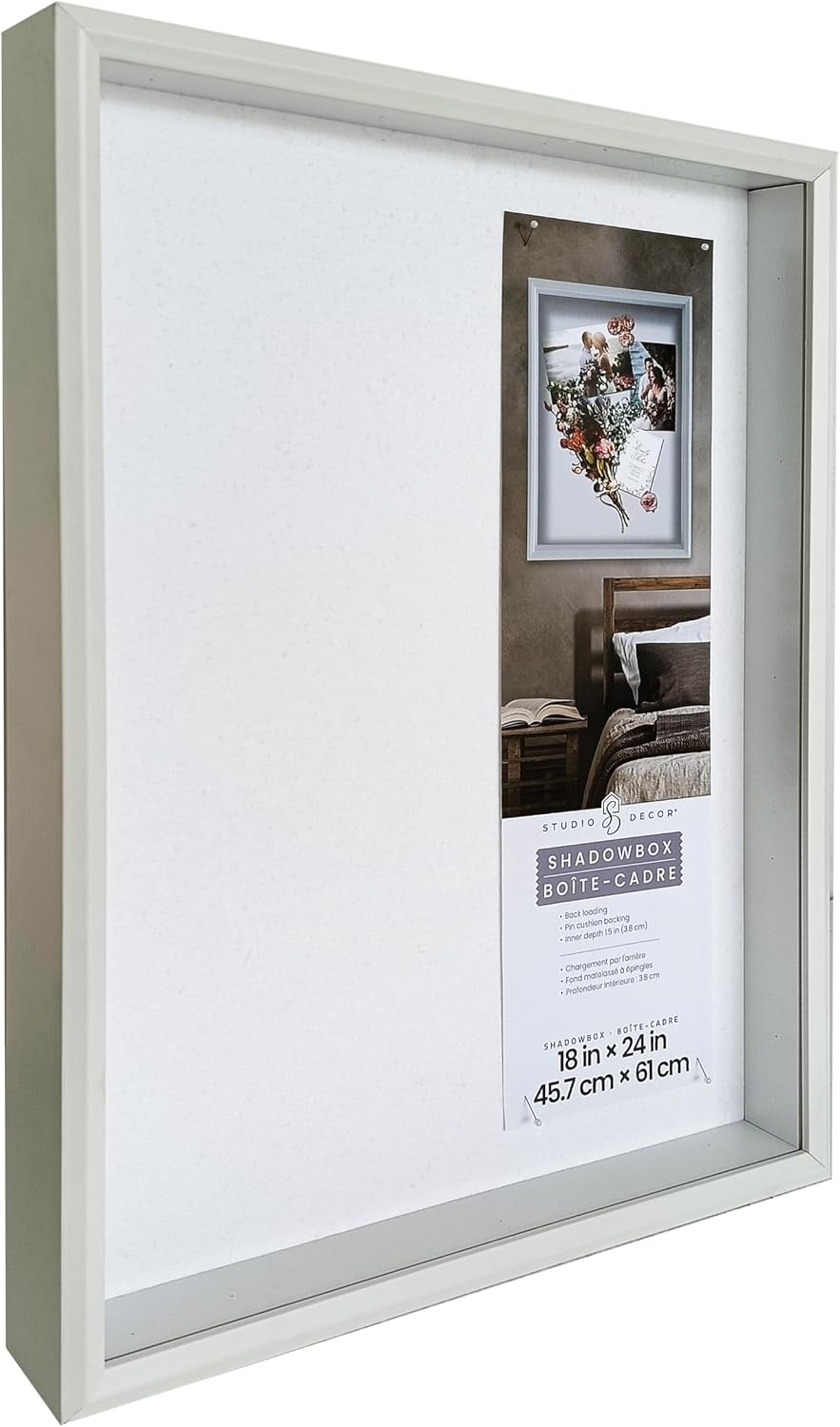 Studio Decor 18" x 24" White Beveled Shadow Box Picture Frame - Includes Pre-attached Hanging Hardware, Horizontal or Vertical Display - 1 Pack