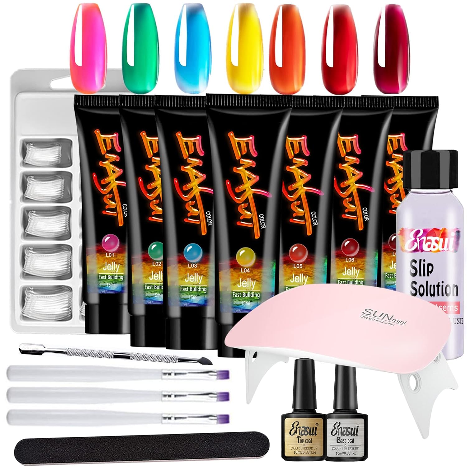 Nail Art Enhancement Trial 17Pcs Kit Crystal Jelly Quick Extension Gel Kit with Nail Brush Base Coat Top Coat Slip Solution Poly Nail Extension Gel Set