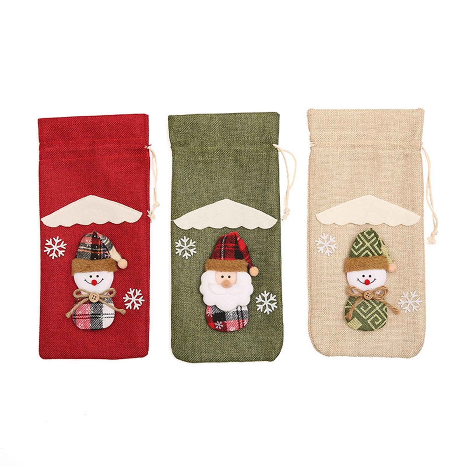 Lot de 3 Housses Bouteille vin Rouge Champagne Noël, Sac en Lin, Ensemble Bouteilles Table, Habillage pour Bouteilles