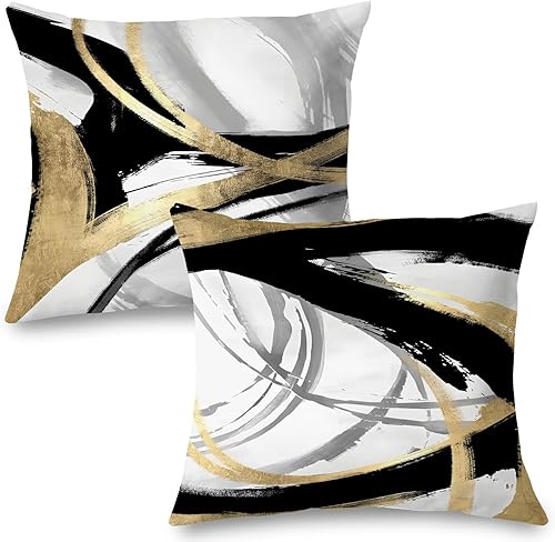 Juego de 2 fundas de almohada abstractas negras y doradas de 22 x 22 pulgadas, decoración moderna y bohemia para el hogar, almohadas negras y