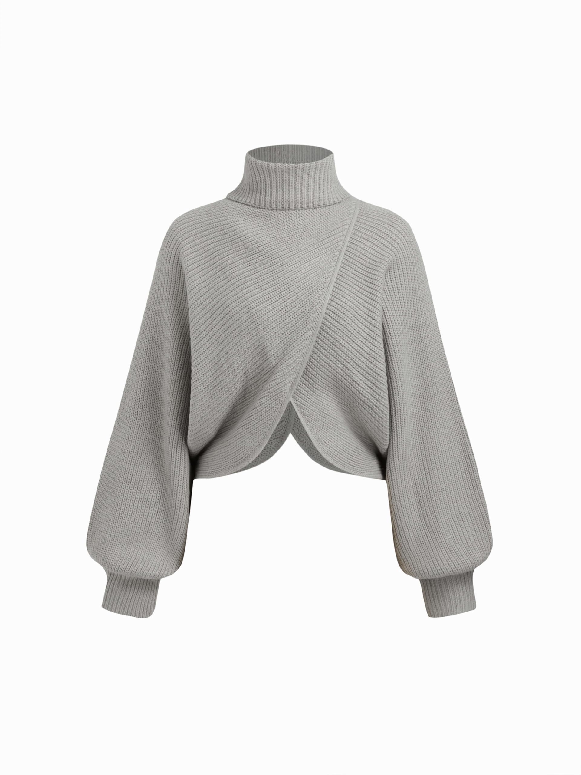 CIDER Cropped Sweaters for Women Turtleneck Sweater Long Sleeve Ribbed Knit Lantern Sleeve Pullover Fall Outfits Grey XS