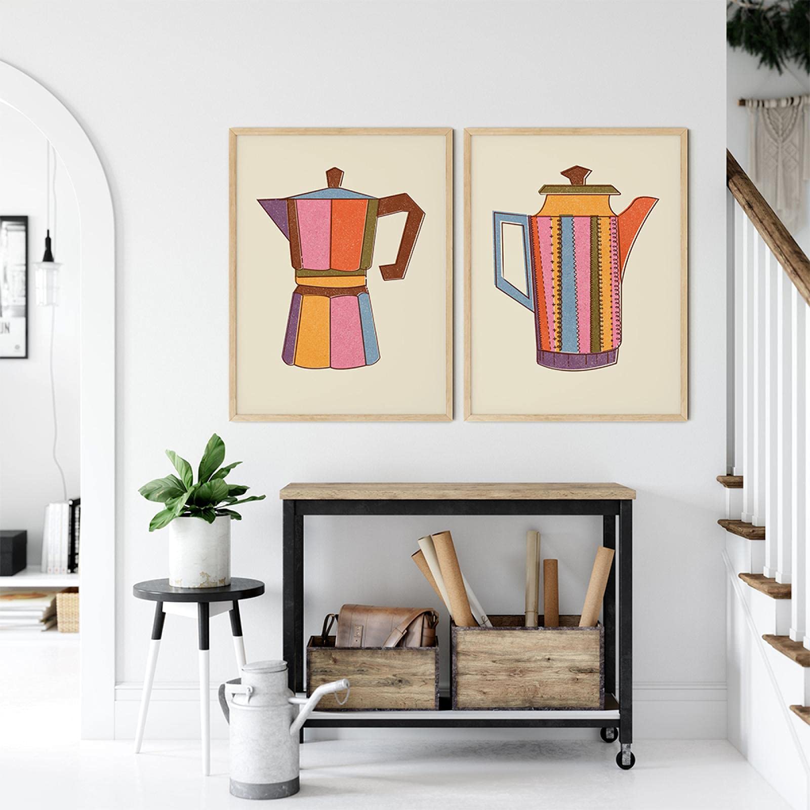 TSHAOSHUNHT Cartel retro medieval taza de té de café nórdico arte de la pared impresión en lienzo restaurante cocina decoración moderna del hogar 70x100cmx2 marco interior