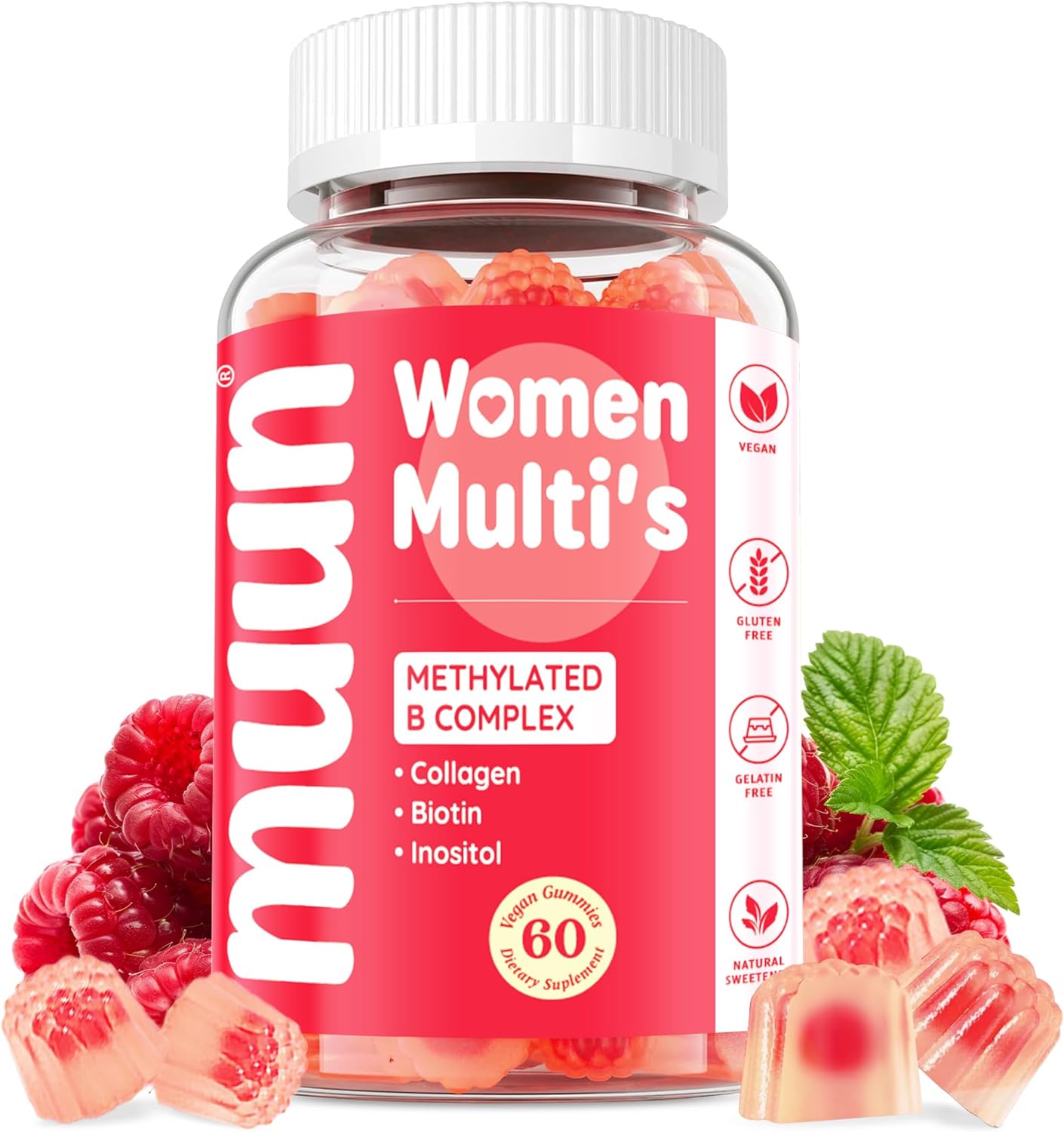 Muun Sugar-Free Methylated Multivitamin for Women Gummies w/Algae Calcium, Vitamin A, C, D3, E, K, B6, B12, Iron, Folate, Biotin, Inositol for Skin, Hair, Energy, Immune, Bone Vegan (Pack 1)