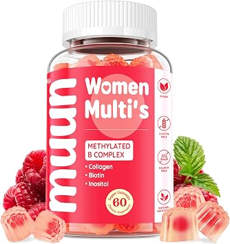 Muun Sugar-Free Methylated Multivitamin for Women Gummies w/Algae Calcium, Vitamin A, C, D3, E, K, B6, B12, Iron, Folate, Biotin, Inositol for Skin, Hair, Energy, Immune, Bone Vegan Pack 1