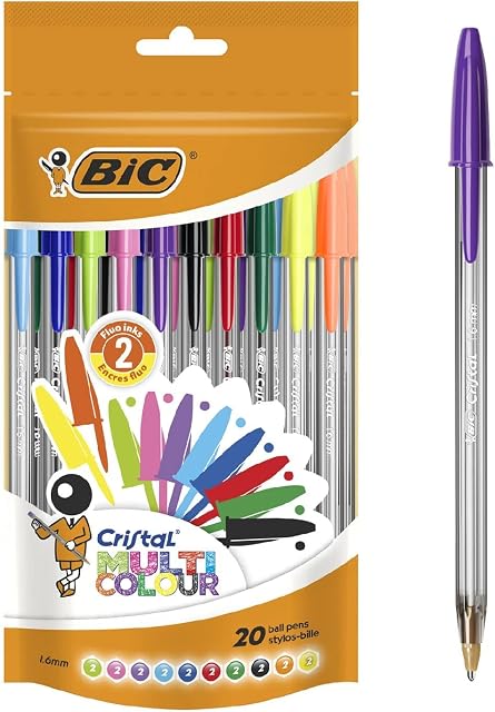 BIC Cristal Multi Colour Ballpoint Pens, Assorted Colors Every-day Biro Pens with Wide Point (1.6mm), Pack of 20